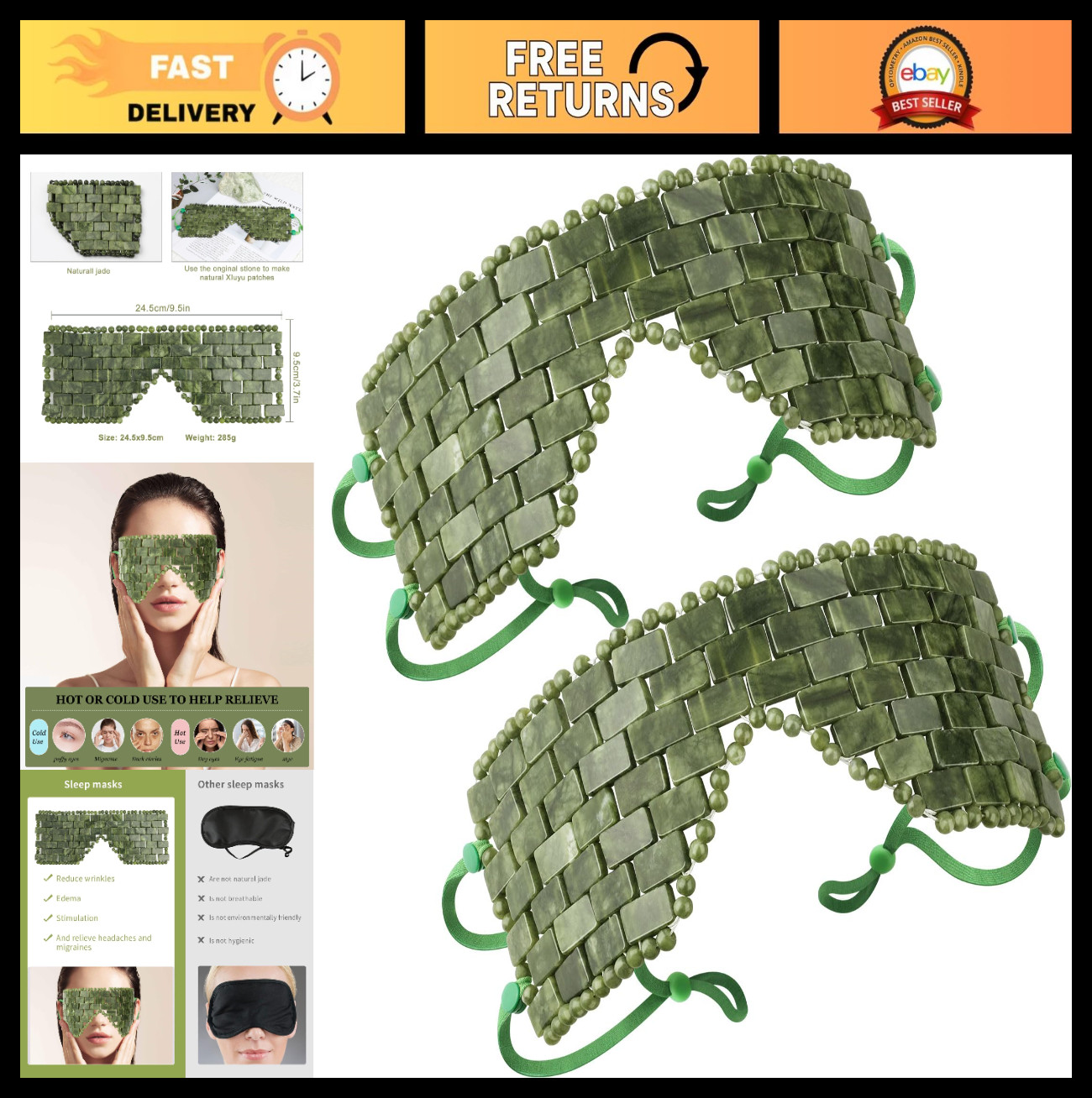2Pcs Large Jade Eye Mask – 100% Real Jade Cooling & Heating Therapy, Green Sleep