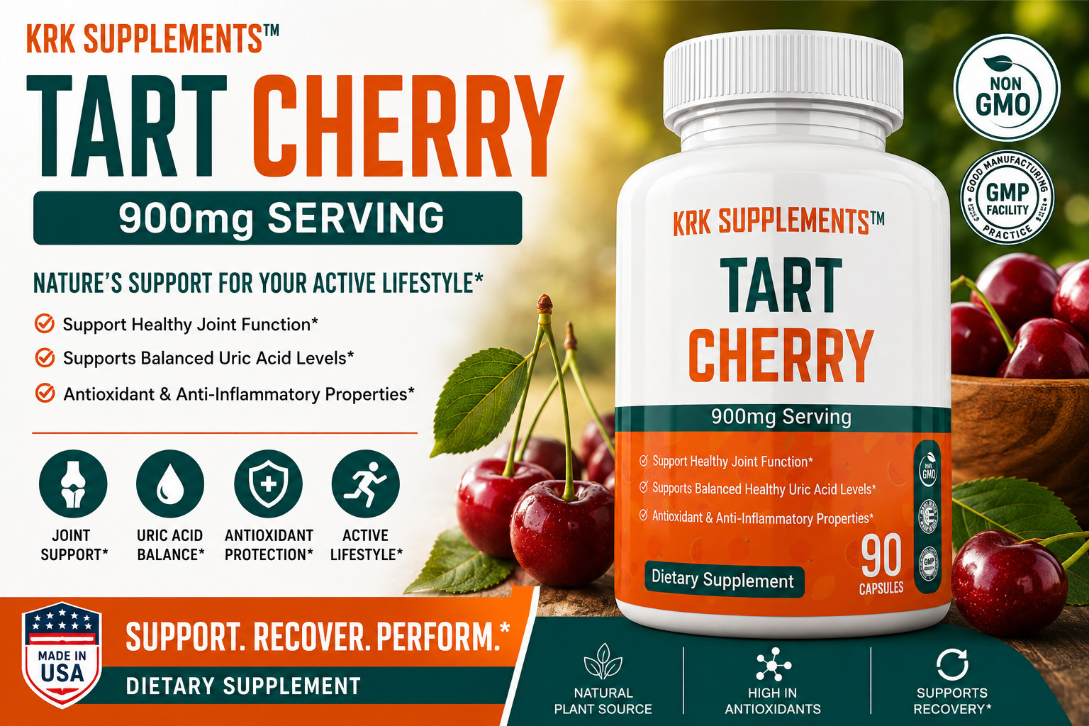 1 Pack Tart Cherry Extract 900mg Antioxidant Gout Joint Pain Arthritis