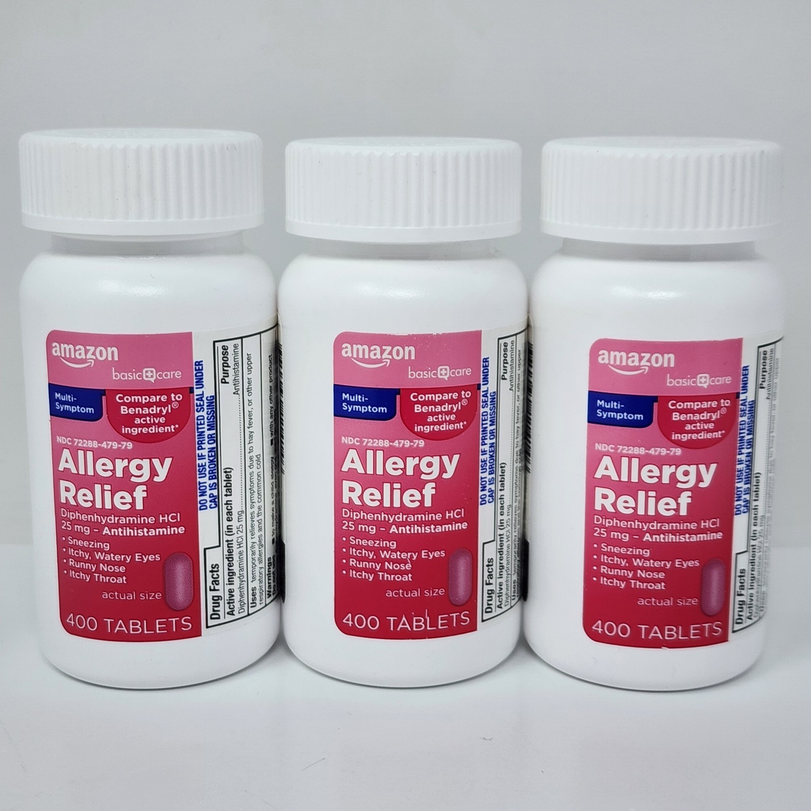 Amazon Basic Care Allergy Relief Diphenhydramine HCI 25 mg, 400 Tablets (3 Pack)