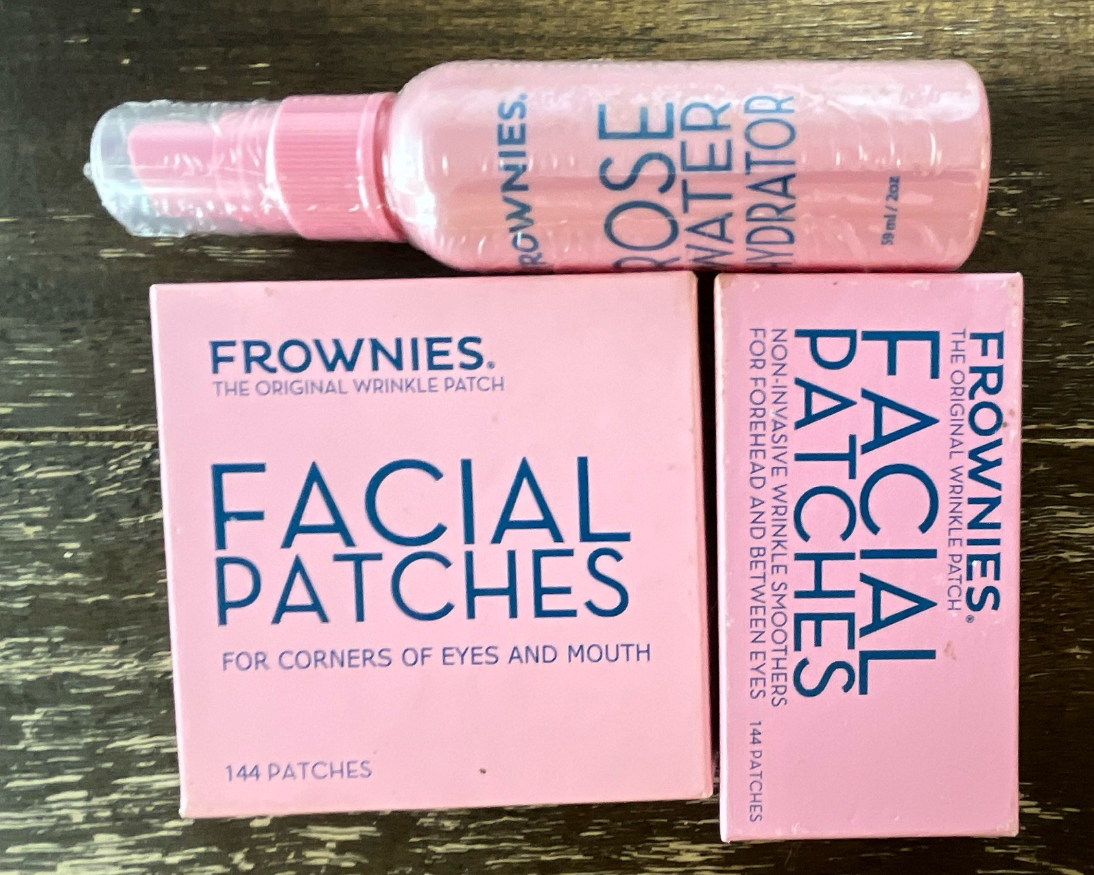 Frownies Wrinkle Facial Patches 144 + Rose Water Hydrator Spray 2 oz Set