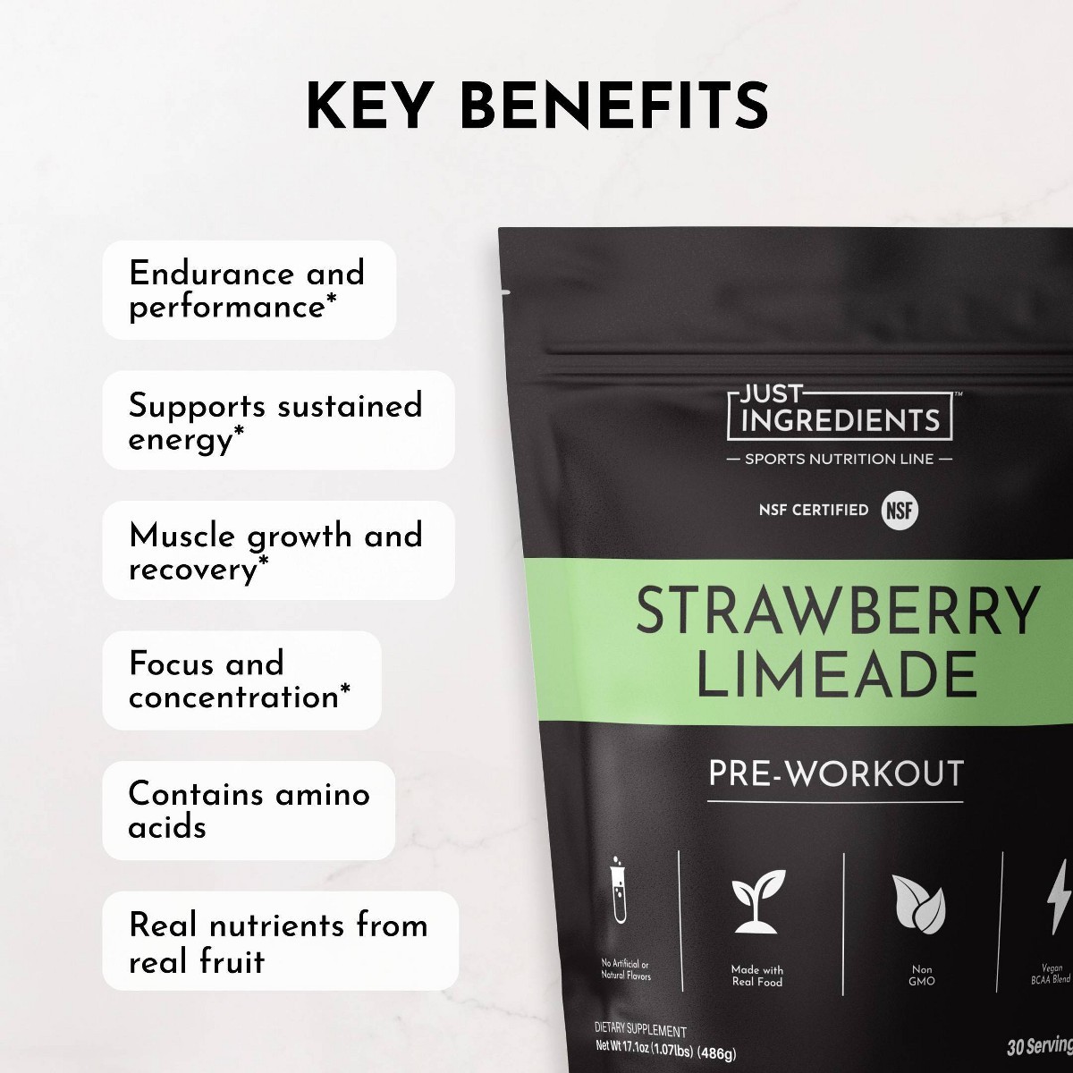 Just Ingredients Strawberry Limeade Pre-Workout Powder (NSF) – 30 Servings