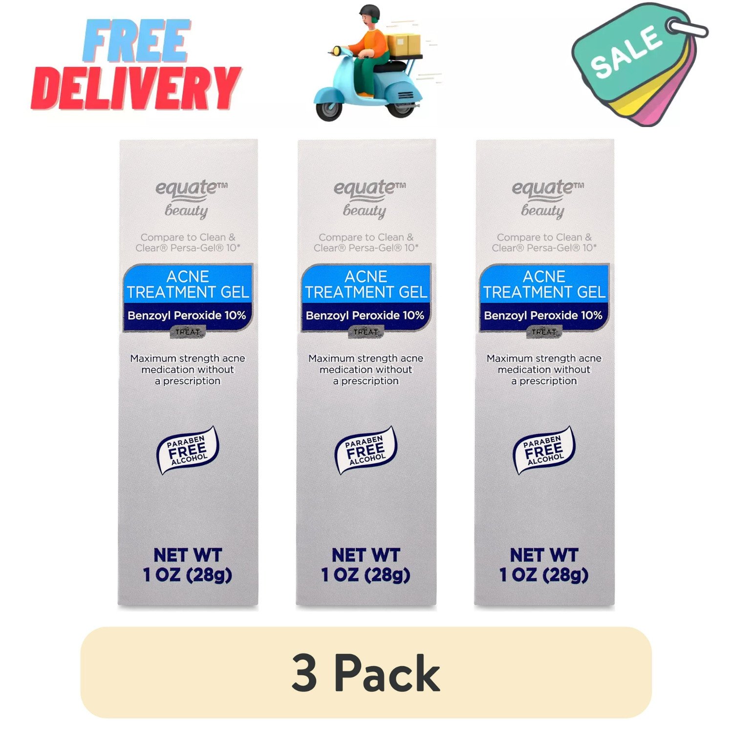 (3 pack) Equate Beauty 10% Benzoyl Peroxide Acne Treatment Gel, 1 Oz (28g) Tube