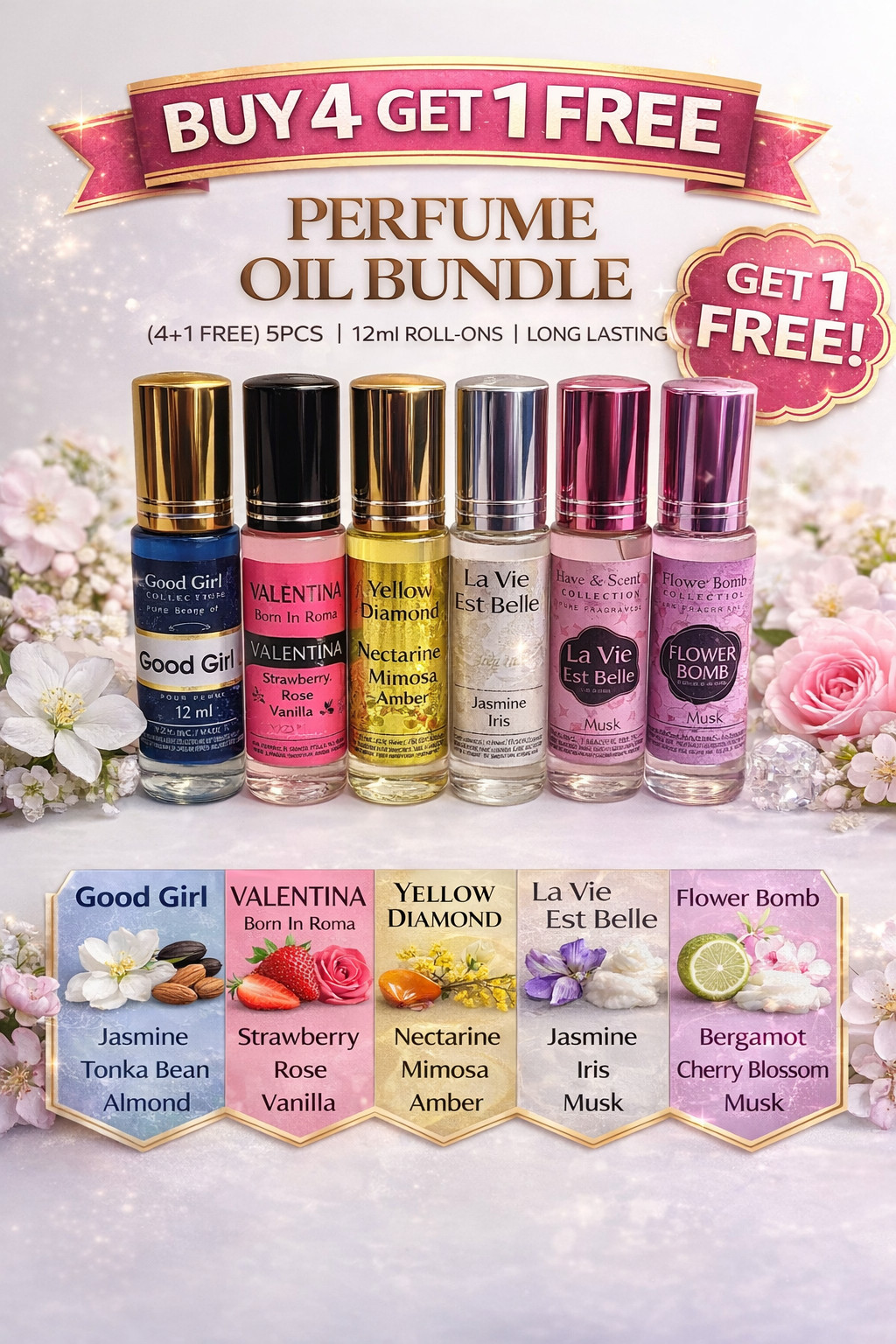 Perfume Oil Set 5PCS (Buy 4 Get 1 Free) 12ml Roll On Gift Set Long Lasting Women