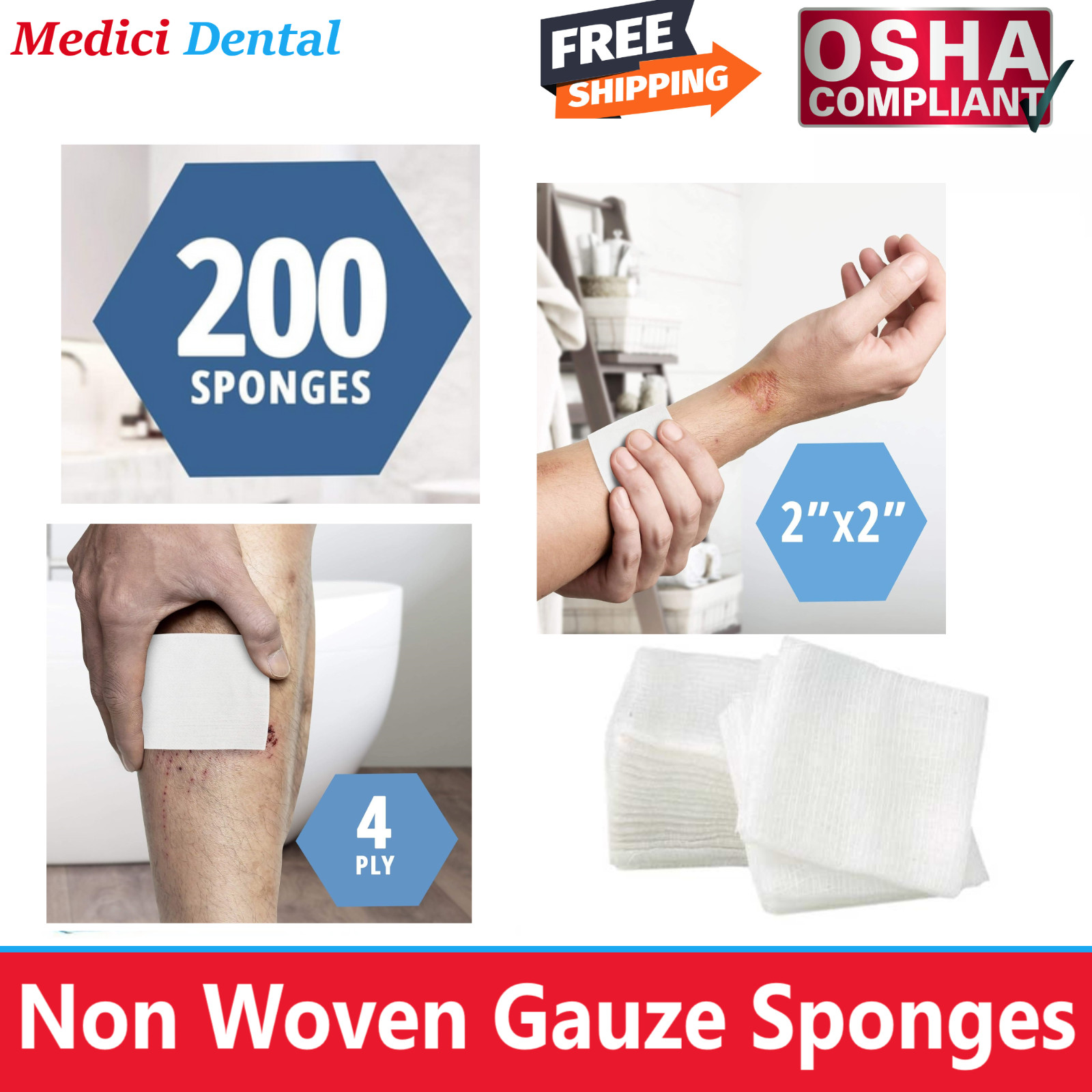 2×2 Non Woven Sponges 4-Ply, Non-Sterile Cotton Dental Gauze (200-4000 Pack)