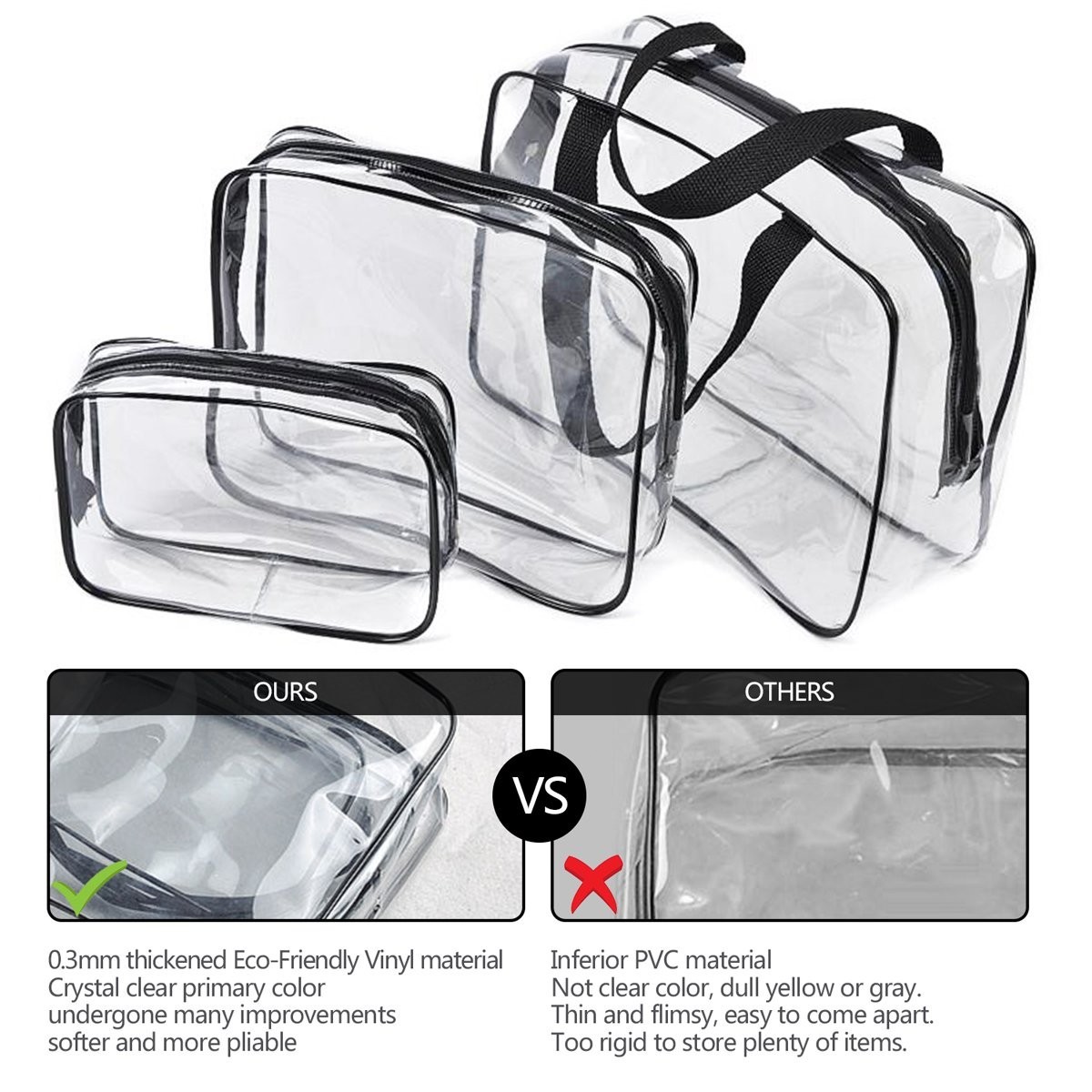 3Pc Transparent PVC Storage Bag Travel Toiletry Bag Cosmetic Toiletry Clear Bag