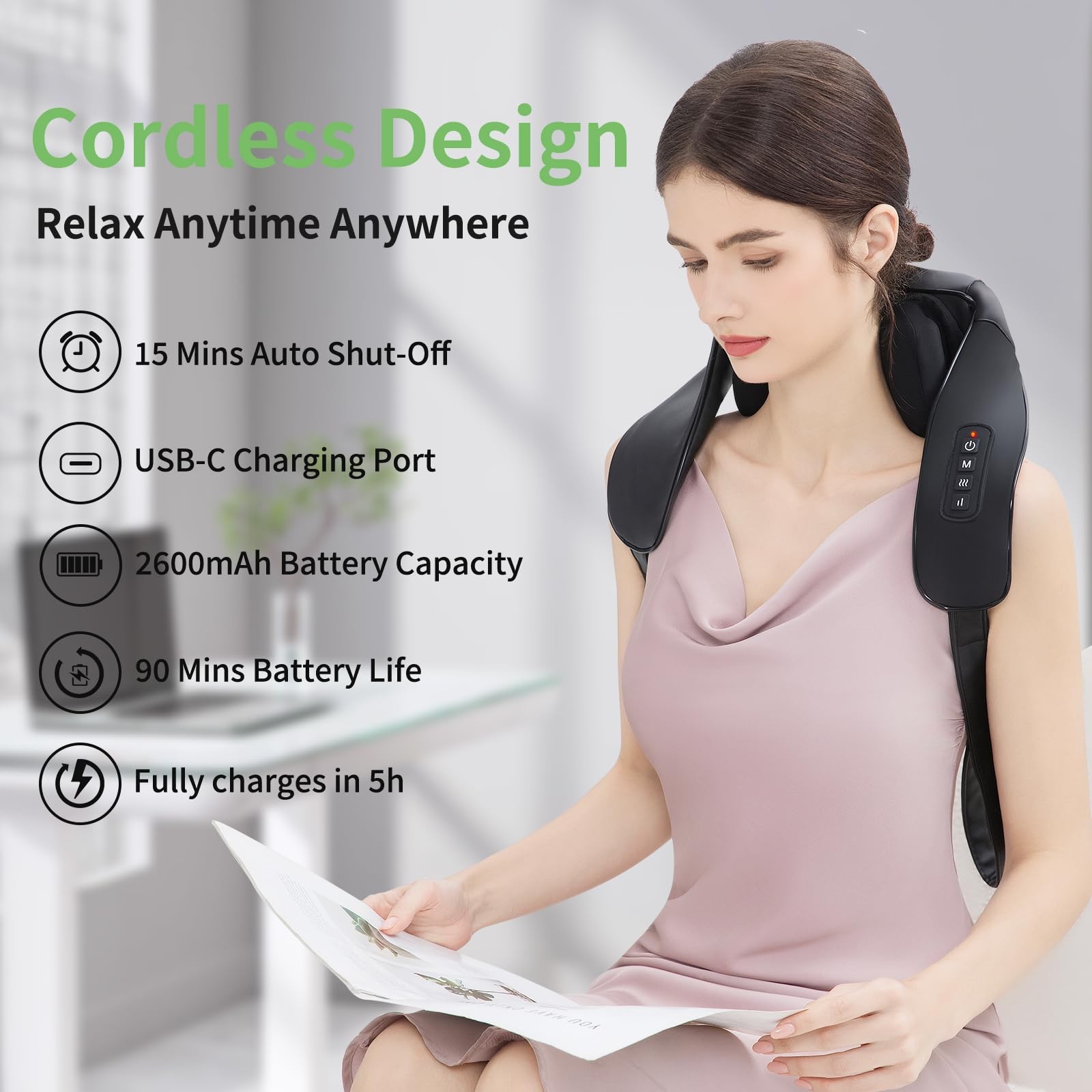 Masgre Shiatsu Neck And Back Massager Heat Upgraded 2600Mah Cordless Shoulder