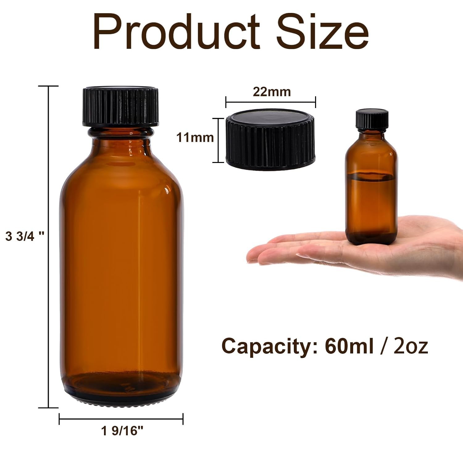 30 Pack 2 oz Boston Round Glass Bottle with Black Caps, Amber