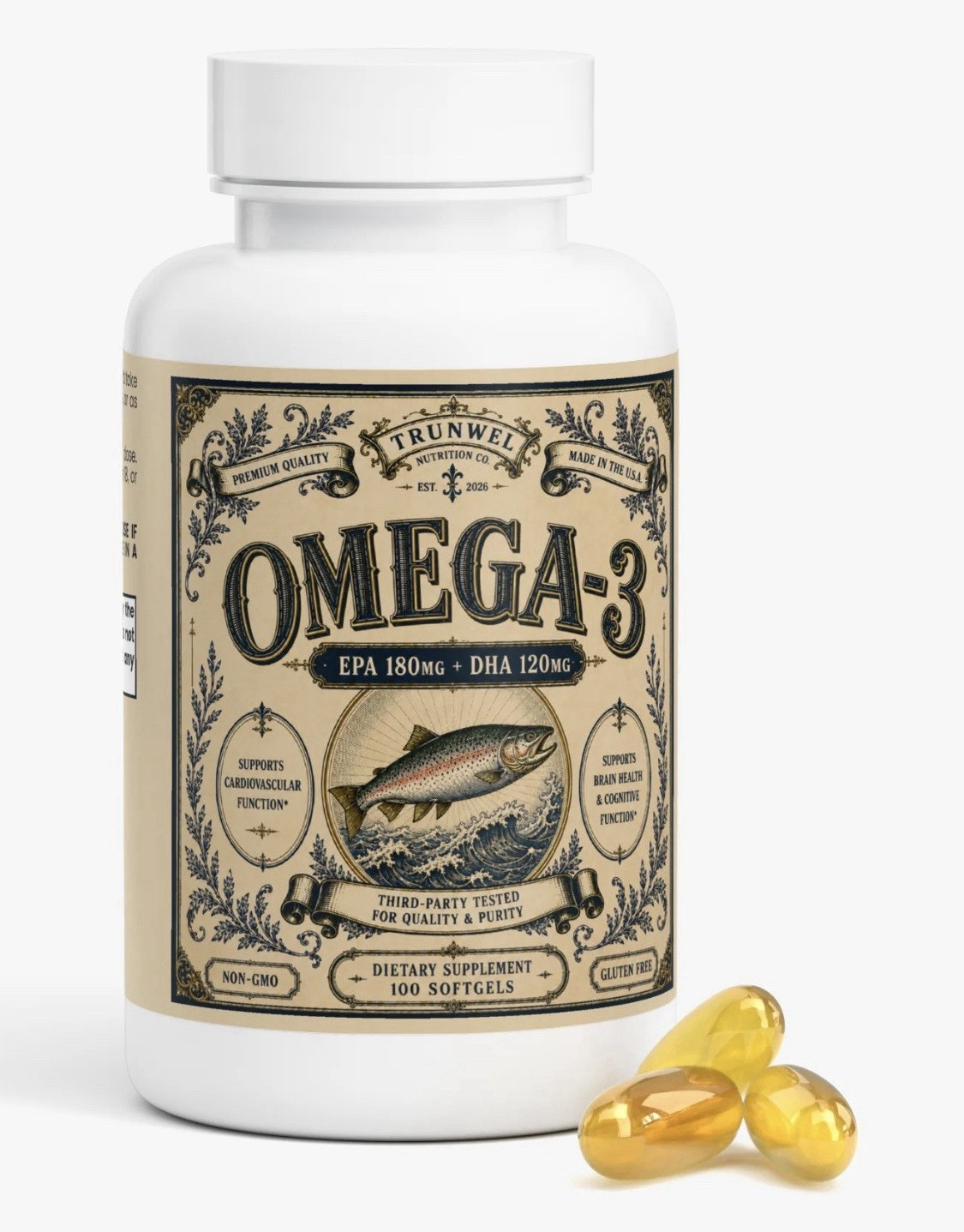 Omega-3 Fish Oil Premium Quality 100 Softgels EPA 180mg DHA 120mg Non-GMO