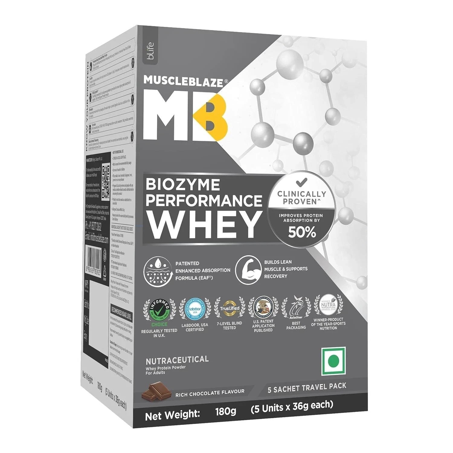 MuscleBlaze Biozyme Performance Whey Protein Powder Chocolate (5x36g) Protein h0