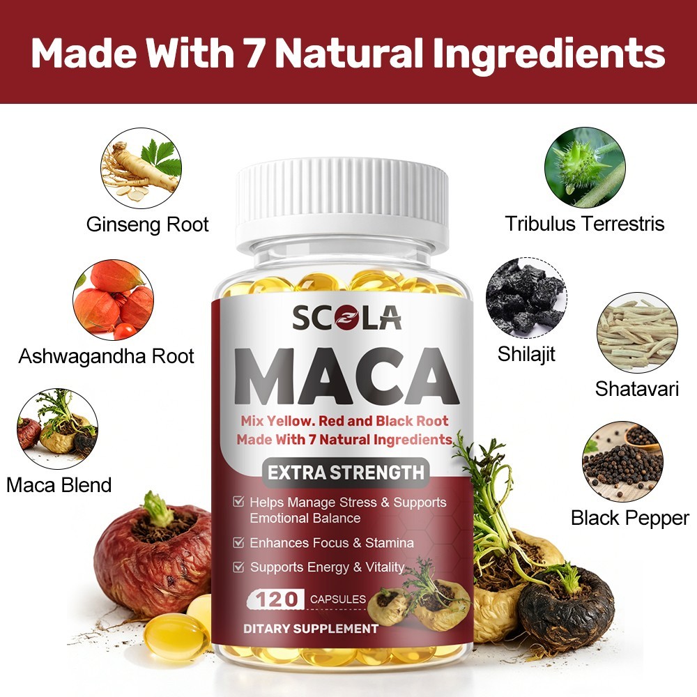 6000mg Organic Black Red Yellow Maca Root Capsules for Men & Women