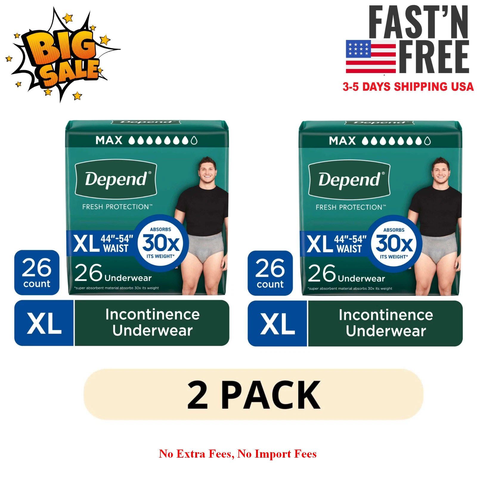 2 Pack Depend Fresh Protection Incontinence Underwear for Men XL 26 Count, NEW