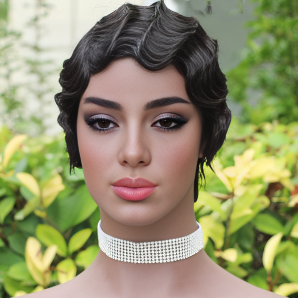 Retro Water Ripple Short Hair Human Hair Wigs Fully Machine-Made Headgear Wig