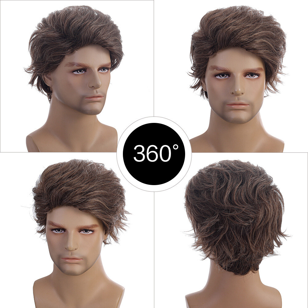 Men’s 10in Medium Brown Wavy Wig Full Cosplay Party Synthetic Heat Resistant