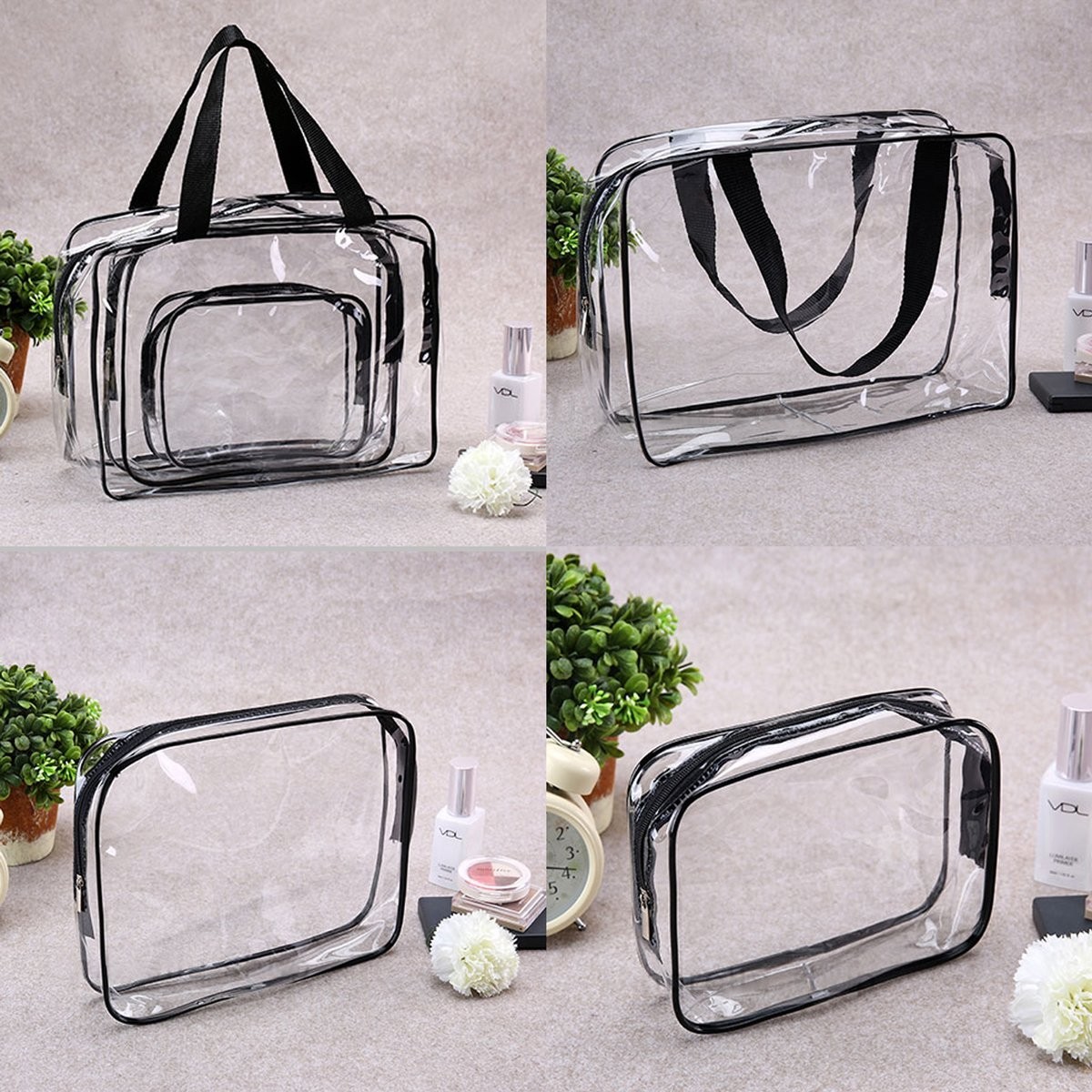 3Pc Transparent PVC Storage Bag Travel Toiletry Bag Cosmetic Toiletry Clear Bag