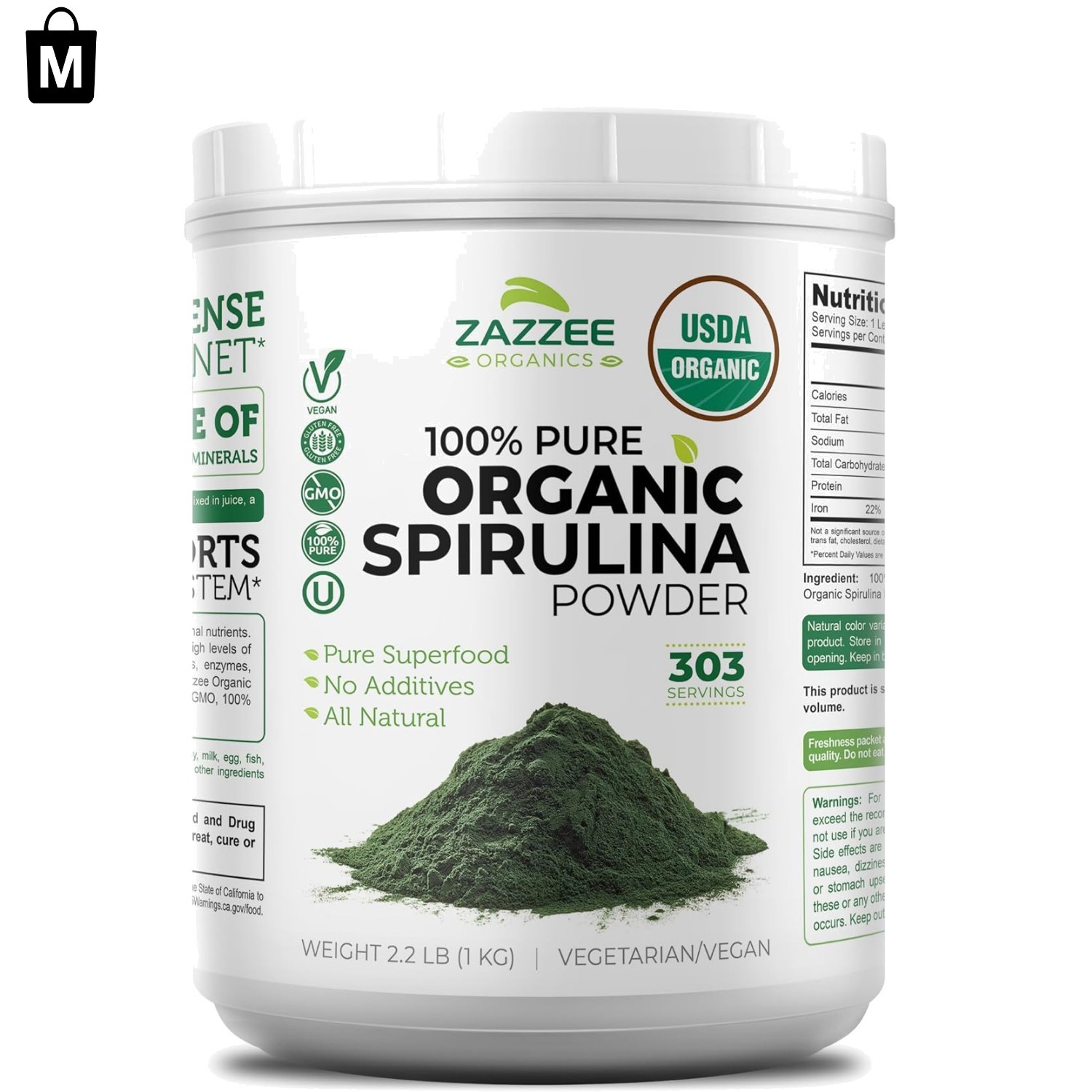 Kosher Certified Spirulina Powder, 2.2 lbs, 303 Servings for Energy and Immunity