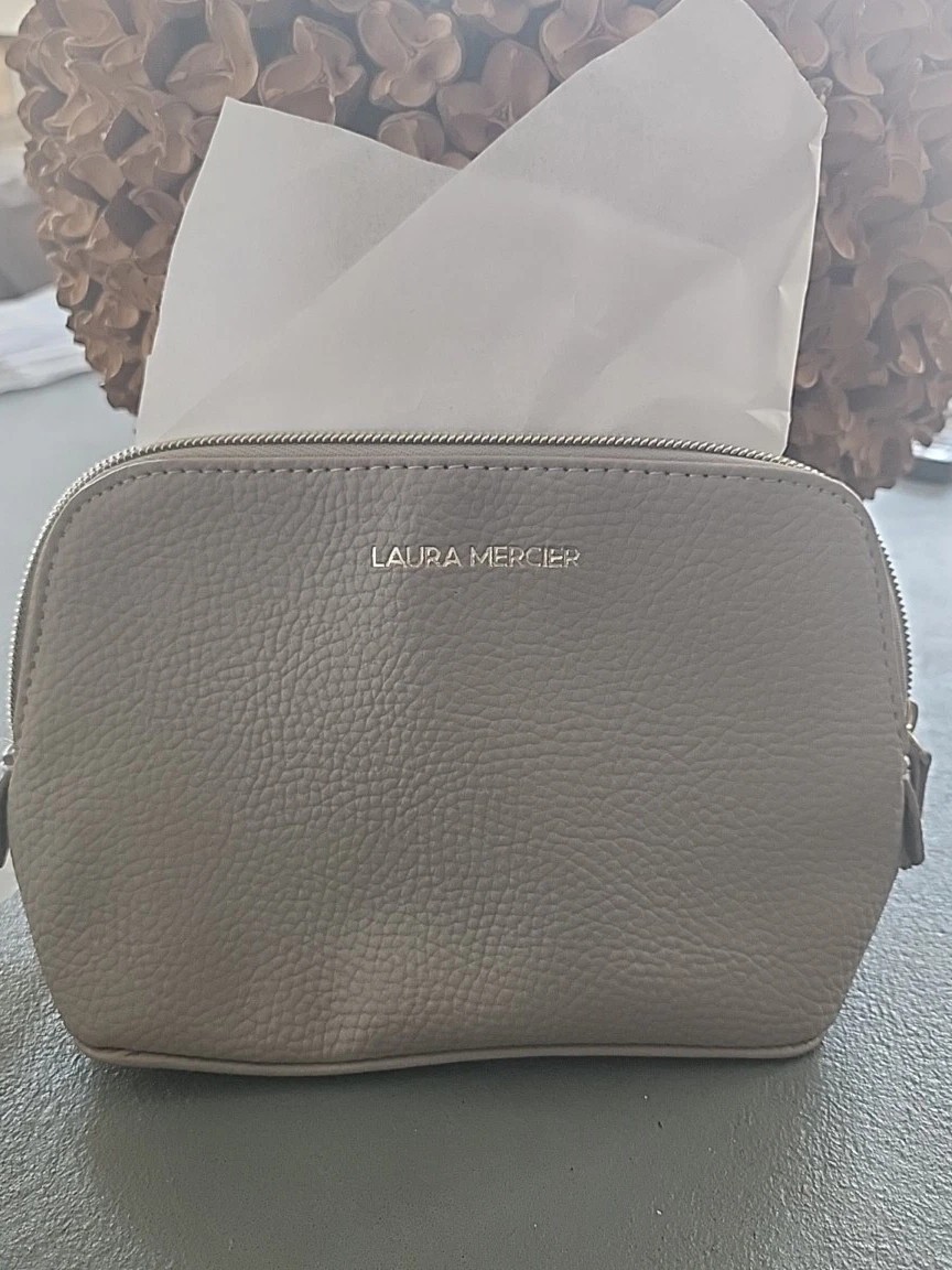 Laura Mercier Grey Leather Cosmetic Bag With Outside Pocket Zipper Top New 8×5