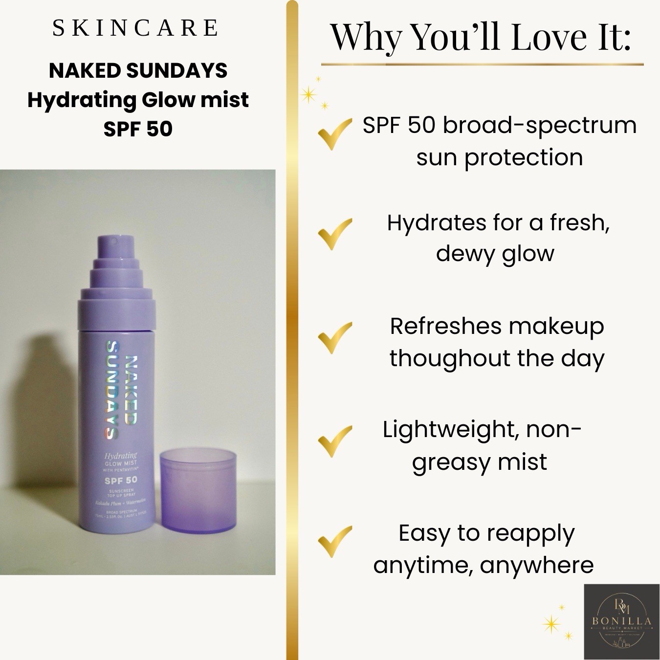 Nakedd Sundays Hydrating Glow Mist SPF 50 Broad Spectrum Face Spray 2.53 fl oz