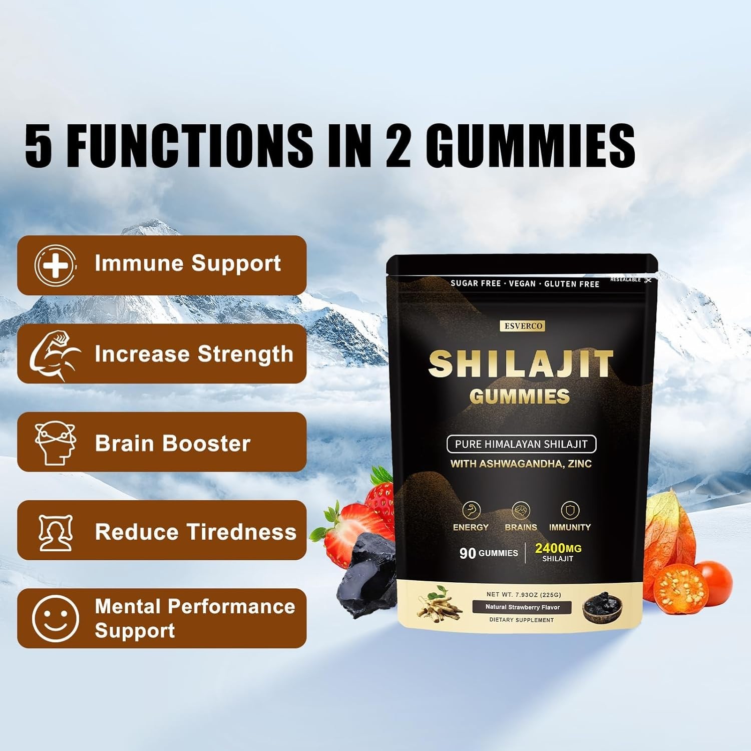 2400mg Pure Himalayan Shilajit Gummies with 2000mg Organic Ashwagandha 90 Count
