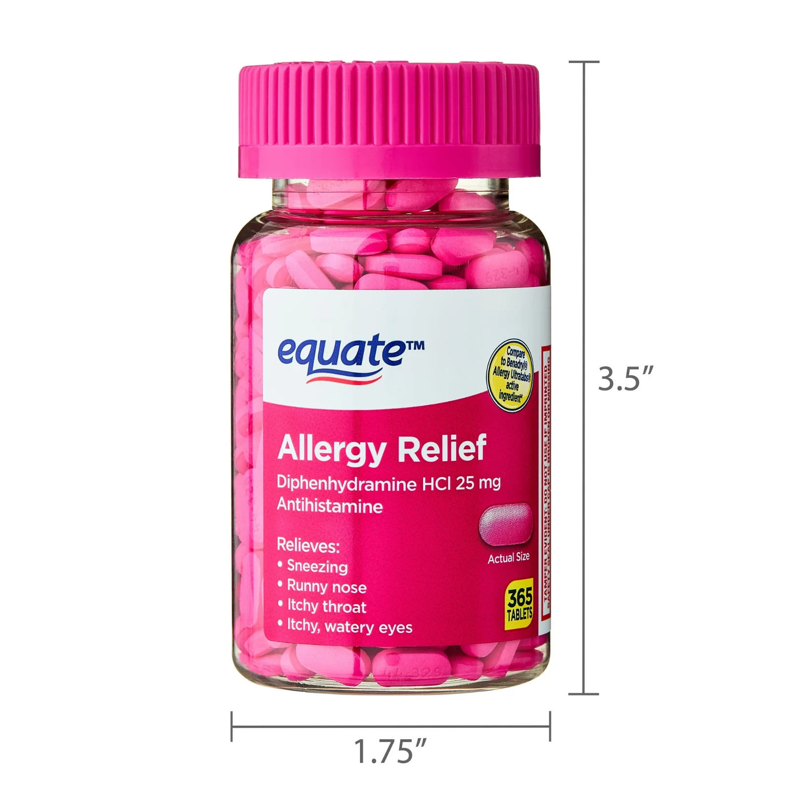 New Equate Allergy Relief Tablets with Diphenhydramine Hcl 25mg, 365 Count