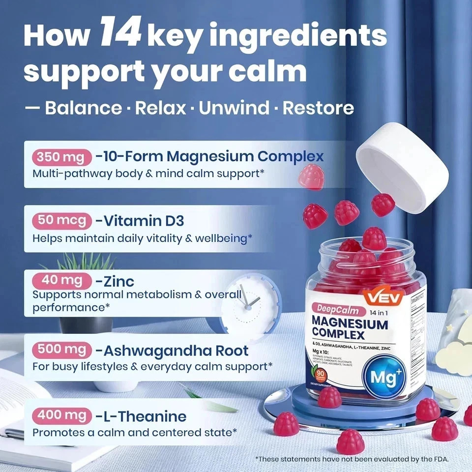 VEV 14-in-1 Magnesium Gummies – with Ashwagandha, L-Theanine, Vitamin D3 & Zinc