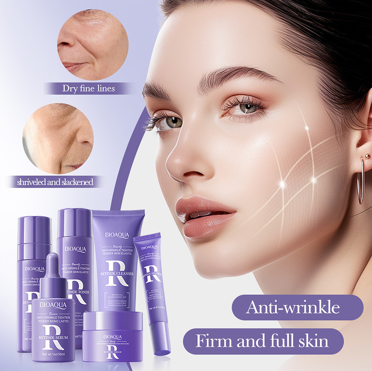 Bioaqua Retinol 6pcs Set Face Skin Care Smooth 100g+120ml+20g+30ml+80ml+60g