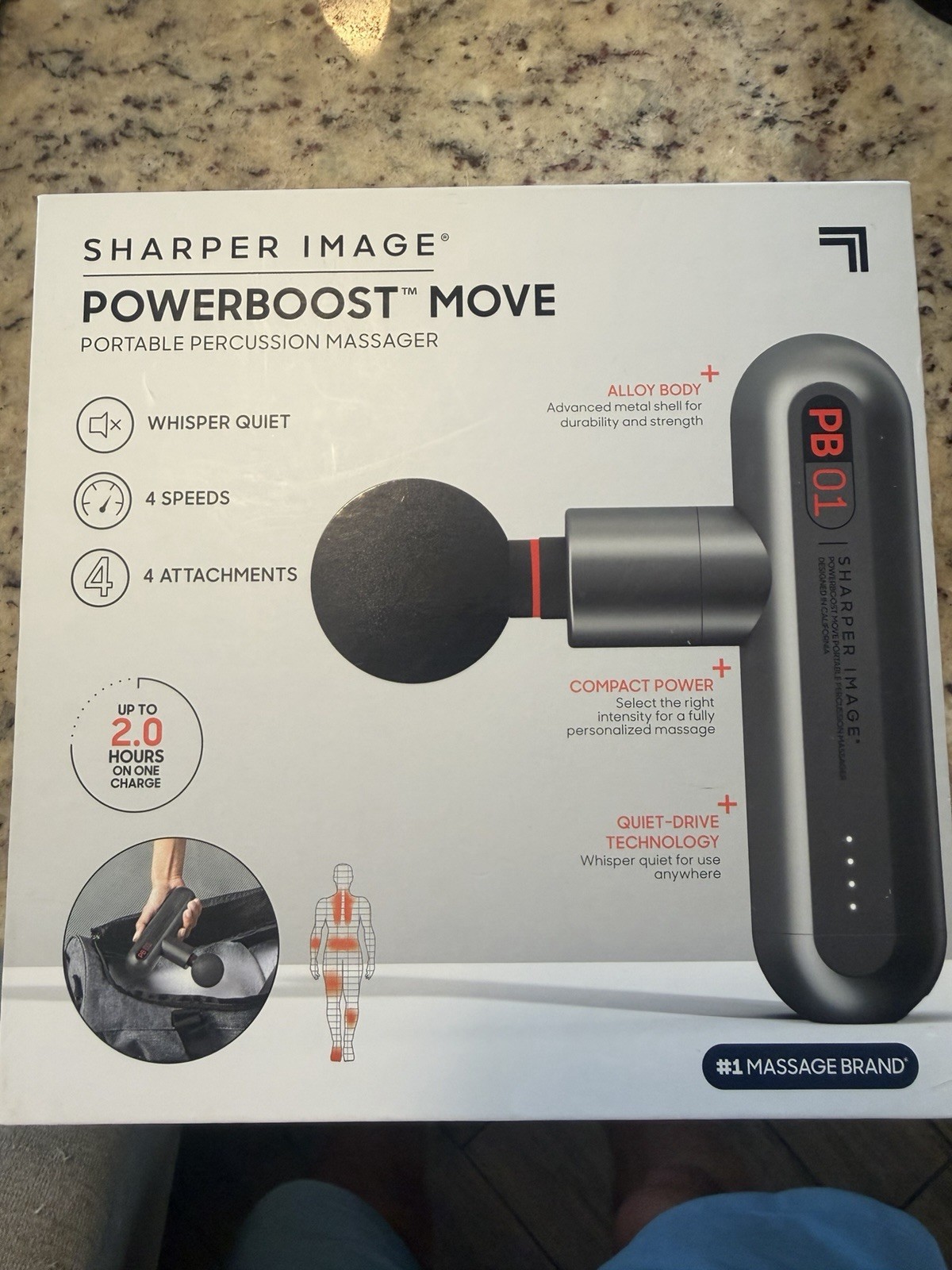 Sharper Image Powerboost Move Percussion Massage Gun, Cordless, 4 Heads