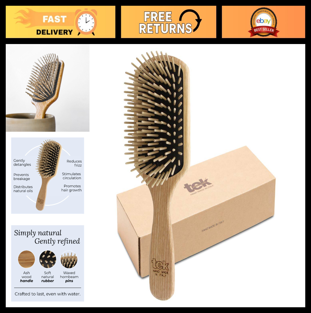 Large Rectangular Wooden Hair Brush with Long Rounded Teeth – Ideal for Detangli