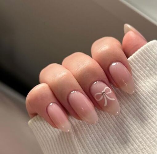 Gloss & Go 24 Reusable Artificial Fake Nail Set| Light Pink White Bow &