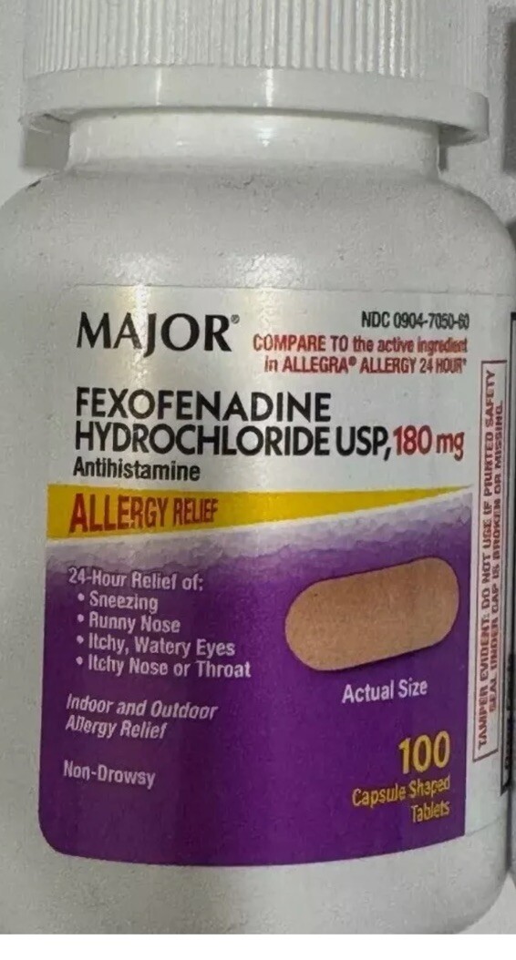Major Fexofenadine 180 mg Tablets Allergy Relief 100 Count -Exp Date 1-2027