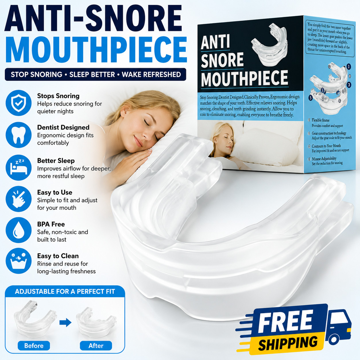 Adjustable Anti Snoring Mouthpiece Custom Fit Sleep Aid Mouth Guard for Adults