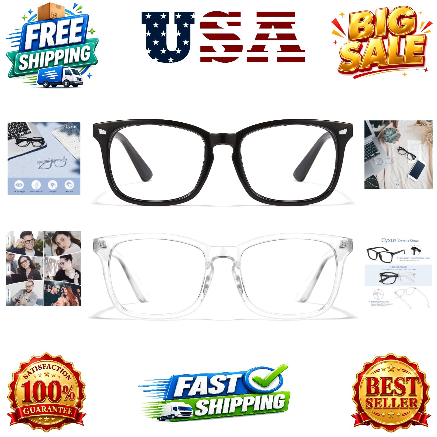Blue Light Glasses Men Women Reduce Eye Strain UV Blocking for Office Work Co…
