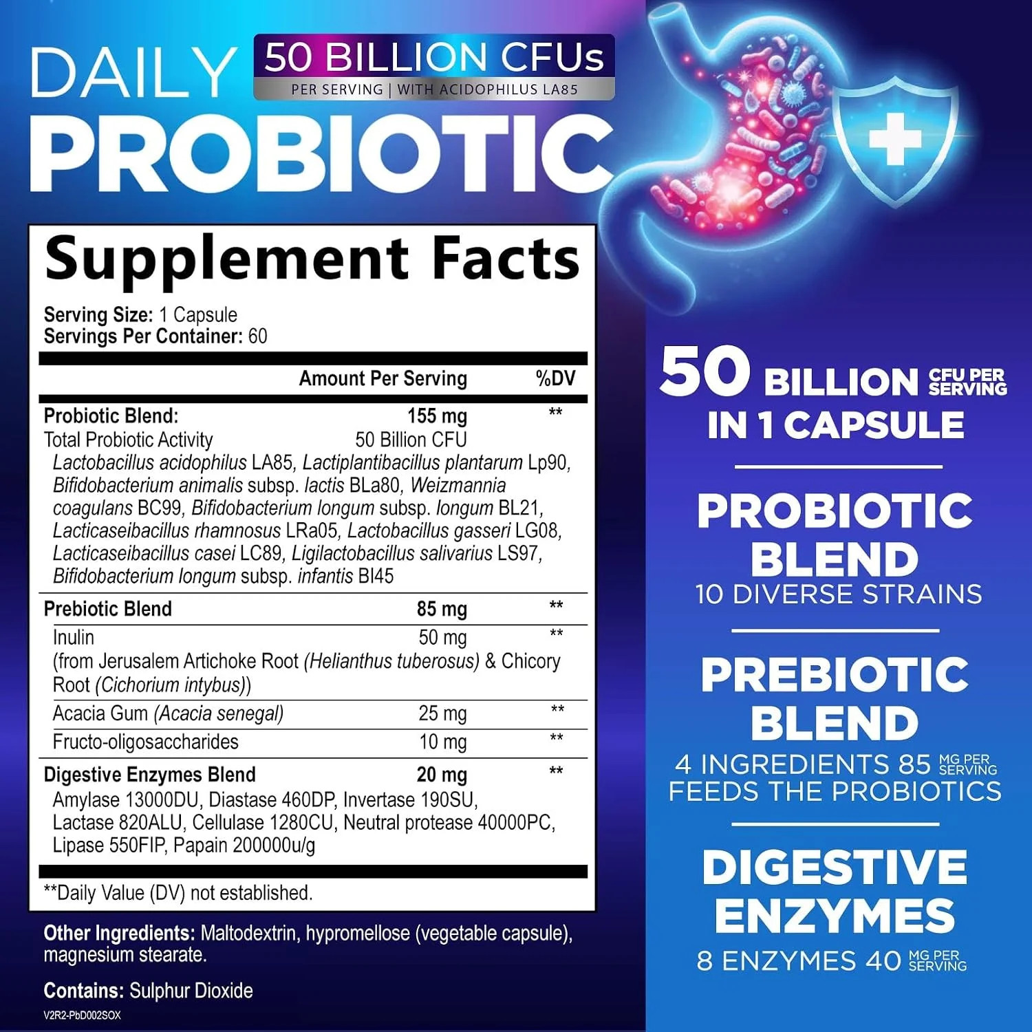 Probiotics 50 Billion CFU Per Capsule -10 Premium Strains+Digestive Enzymes
