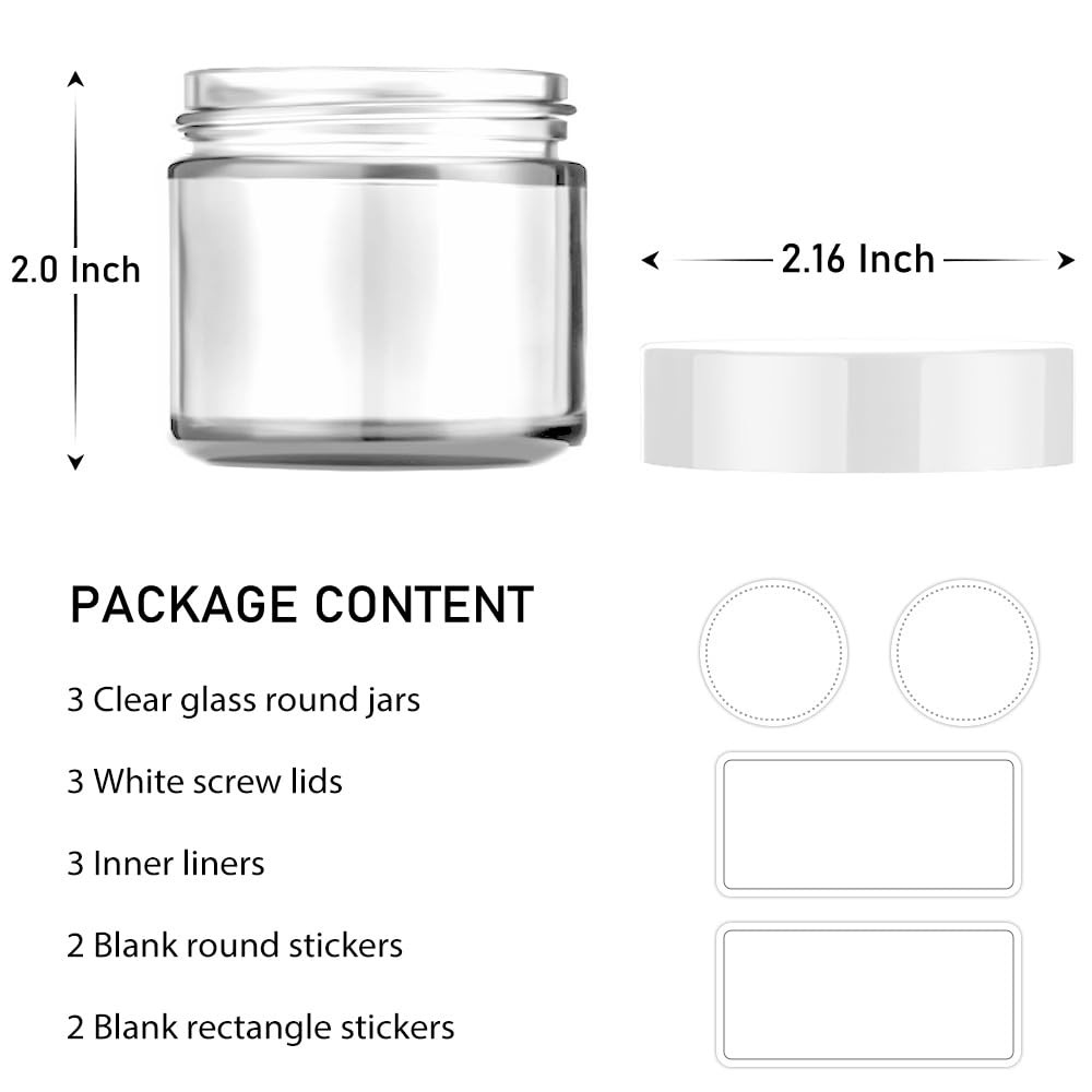 2 oz Glass Jars 3 Pack Small Clear Containers With White Lids Cosmetic Cream