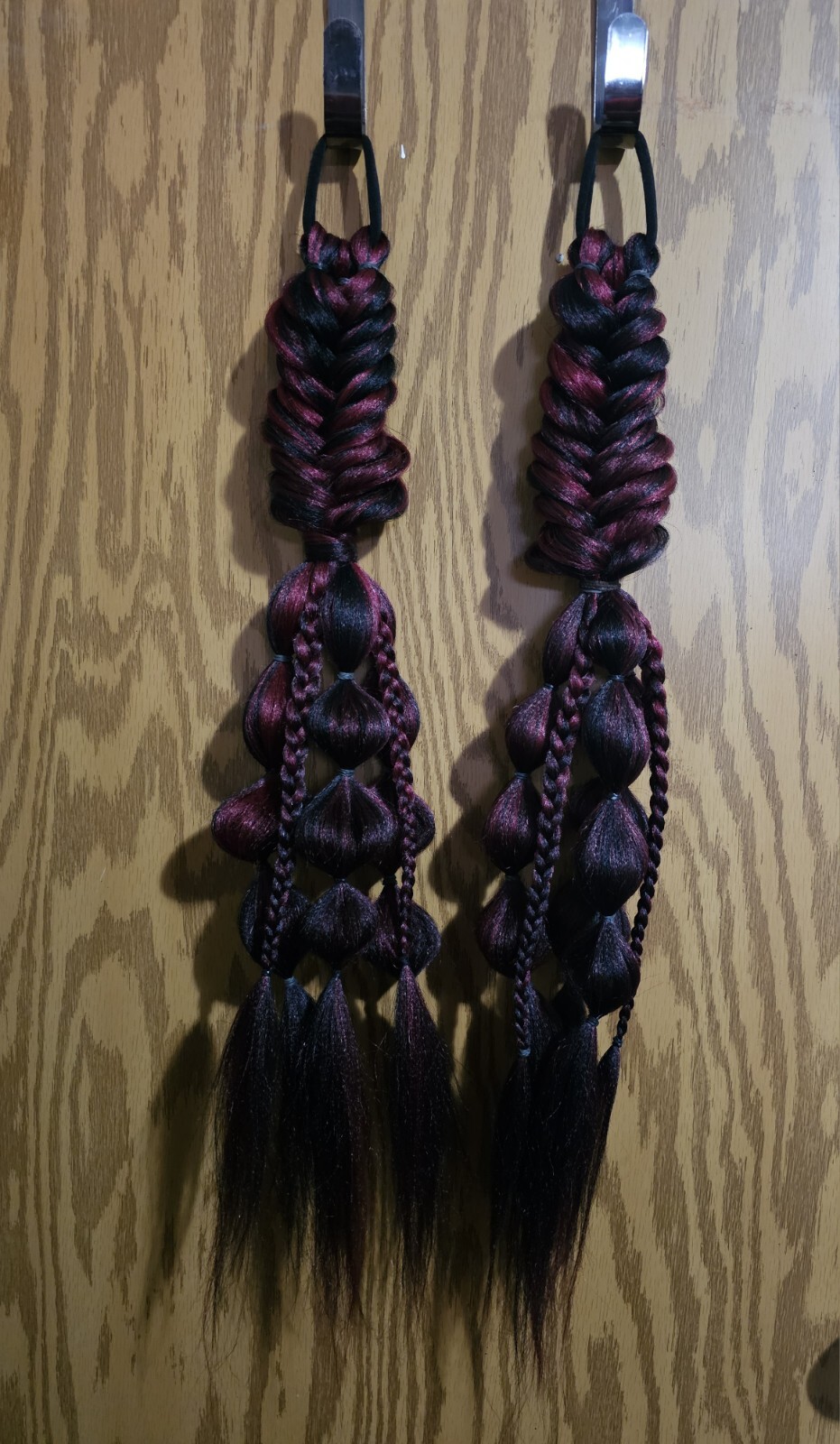black, burgundy tie in braided ponytail extensions (festival rave game day hair)
