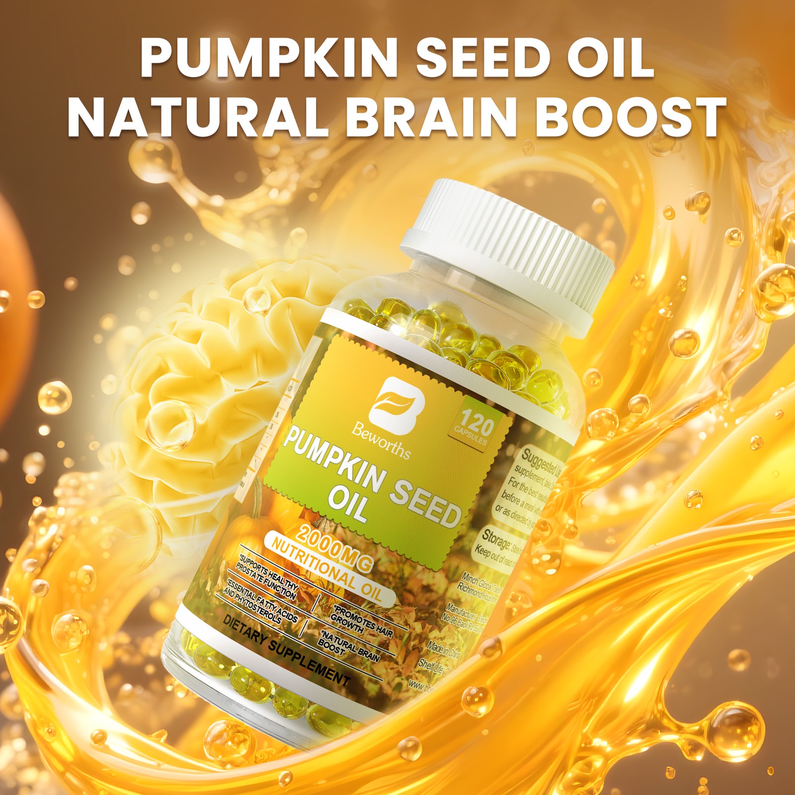 Pumpkin Seed Oil Extract Capsules 2000mg Plant-Based for Prostate Hair Growth