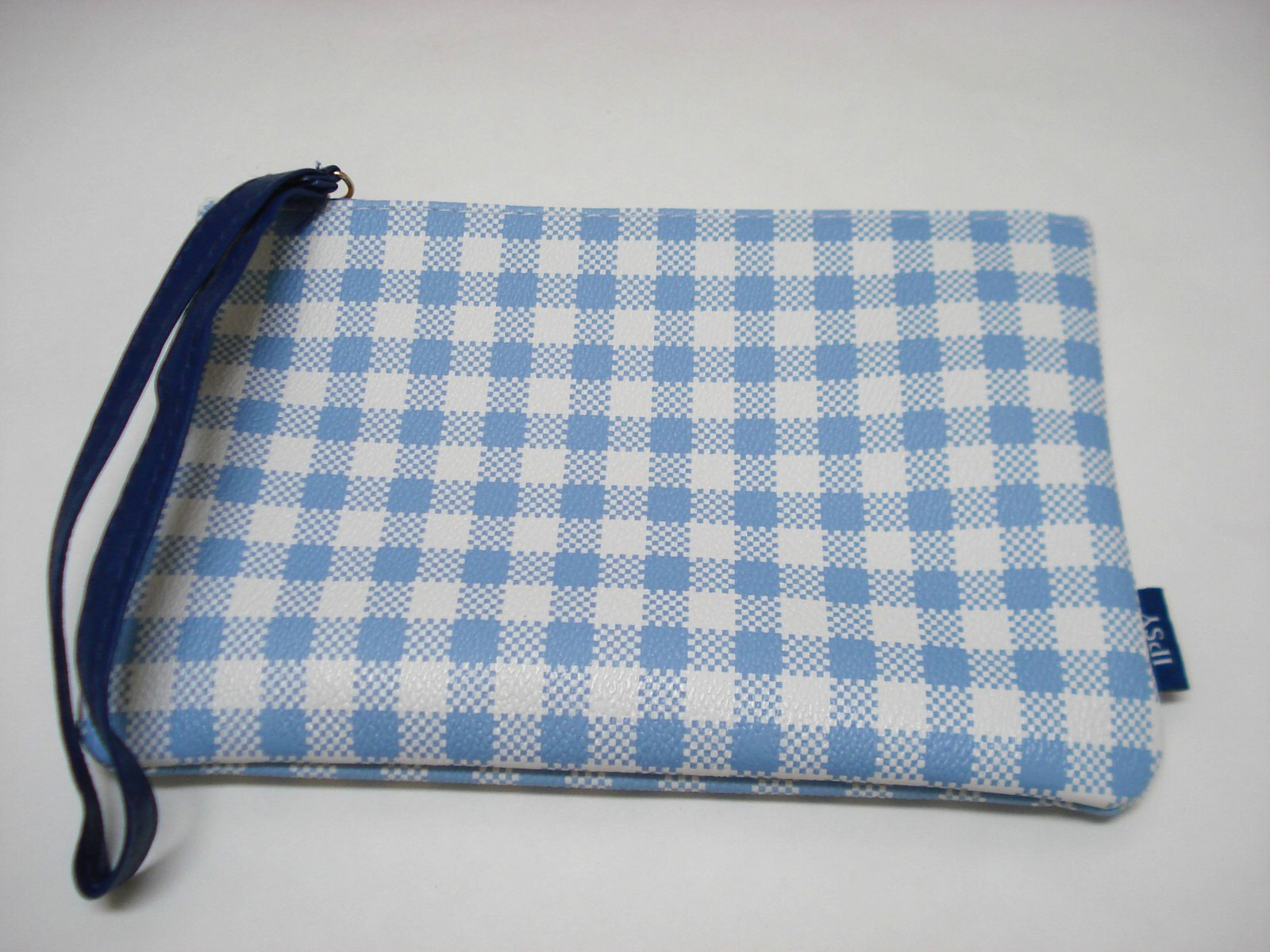 Ipsy May 2026 Glam Cosmetics Bag Blue Check Wrist Strap Bag Only NEW w/Zipper