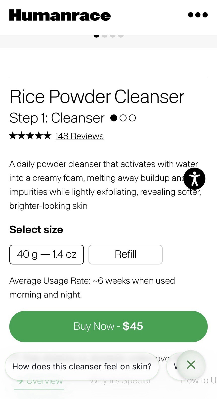 Humanrace Skincare Rice Powder Face Cleanser Exfoliating AHAs 40g/1.4oz No Box