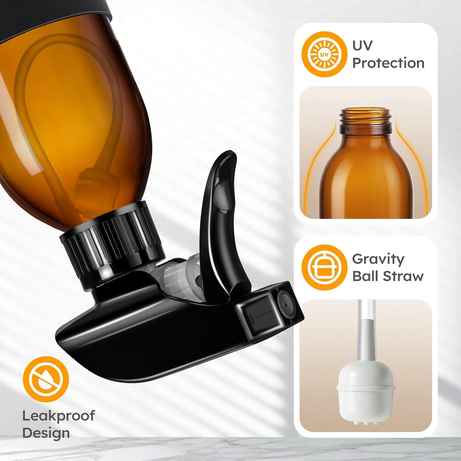Tecohouse 2 Pack 360° Amber Glass Spray Bottles with Silicone Sleeve, 4 oz Empty
