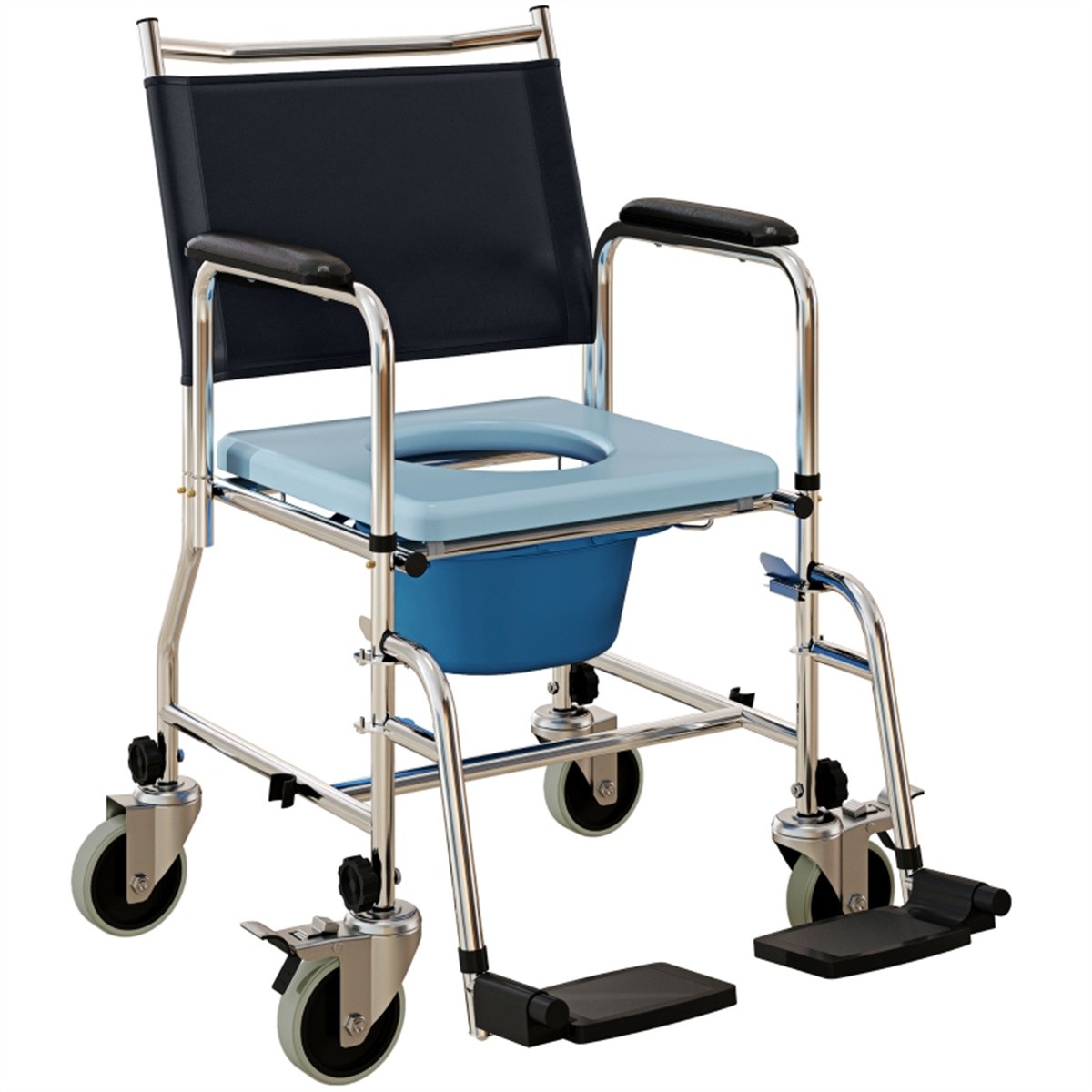 Rolling Shower Chair Commode Wheelchair w/ Footrest, Black, 300 lbs