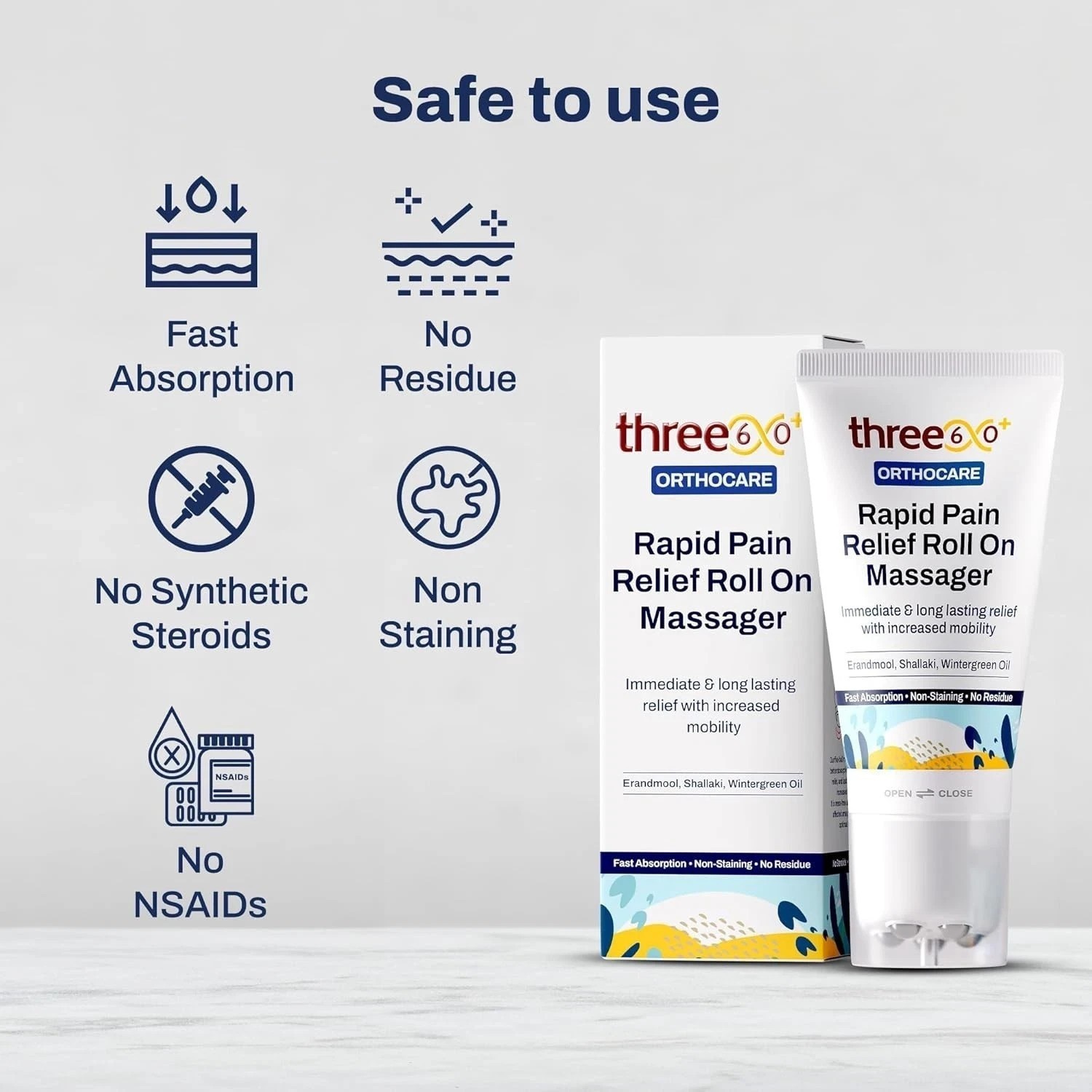 Three60+ Rapid Pain Relief Roll On Massager Fast & Long Lasting Relief 50ml