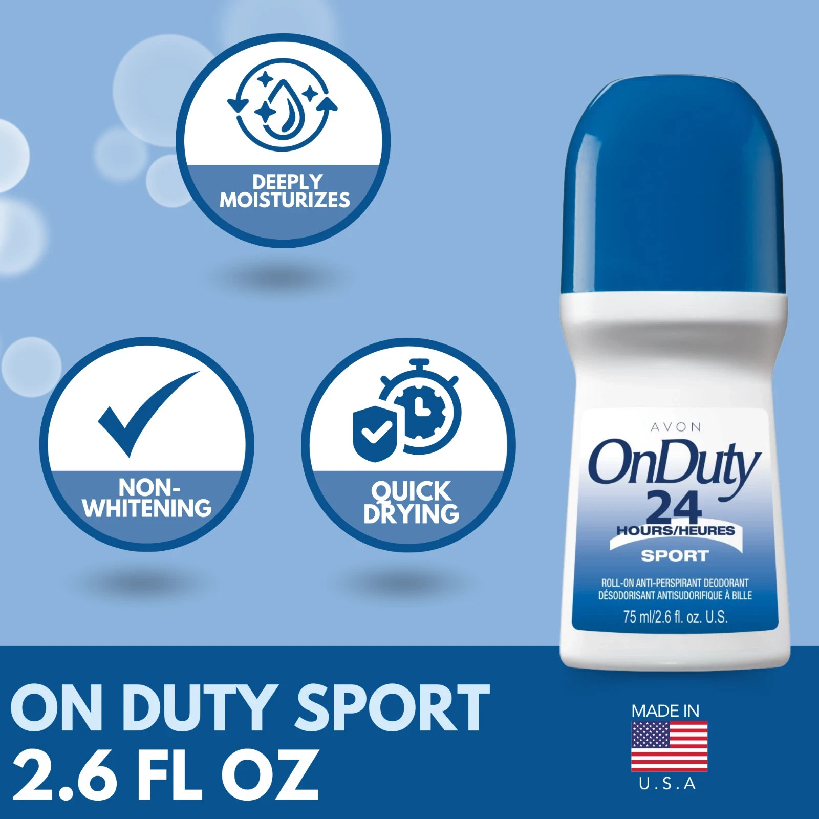 Avon On Duty Sport 24 Hr Roll-On Antiperspirant Deodorant, – 2.6 fl oz (6-Pack)