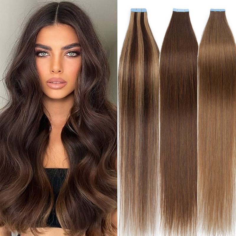 40PCS Tape In REMY Russian Human Hair Extensions Skin Weft Thick Dark Brown 100g