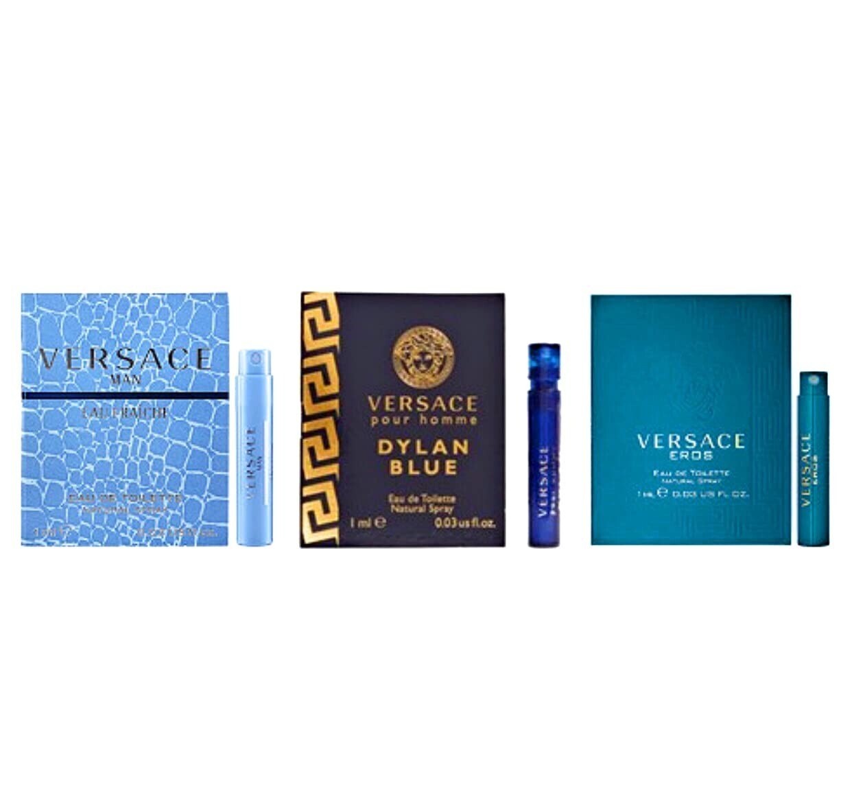 3 Samples Vial VERSACE DYLAN BLUE – EROS – EAU FRAICHE for Men 0.03 oz EDT Spray