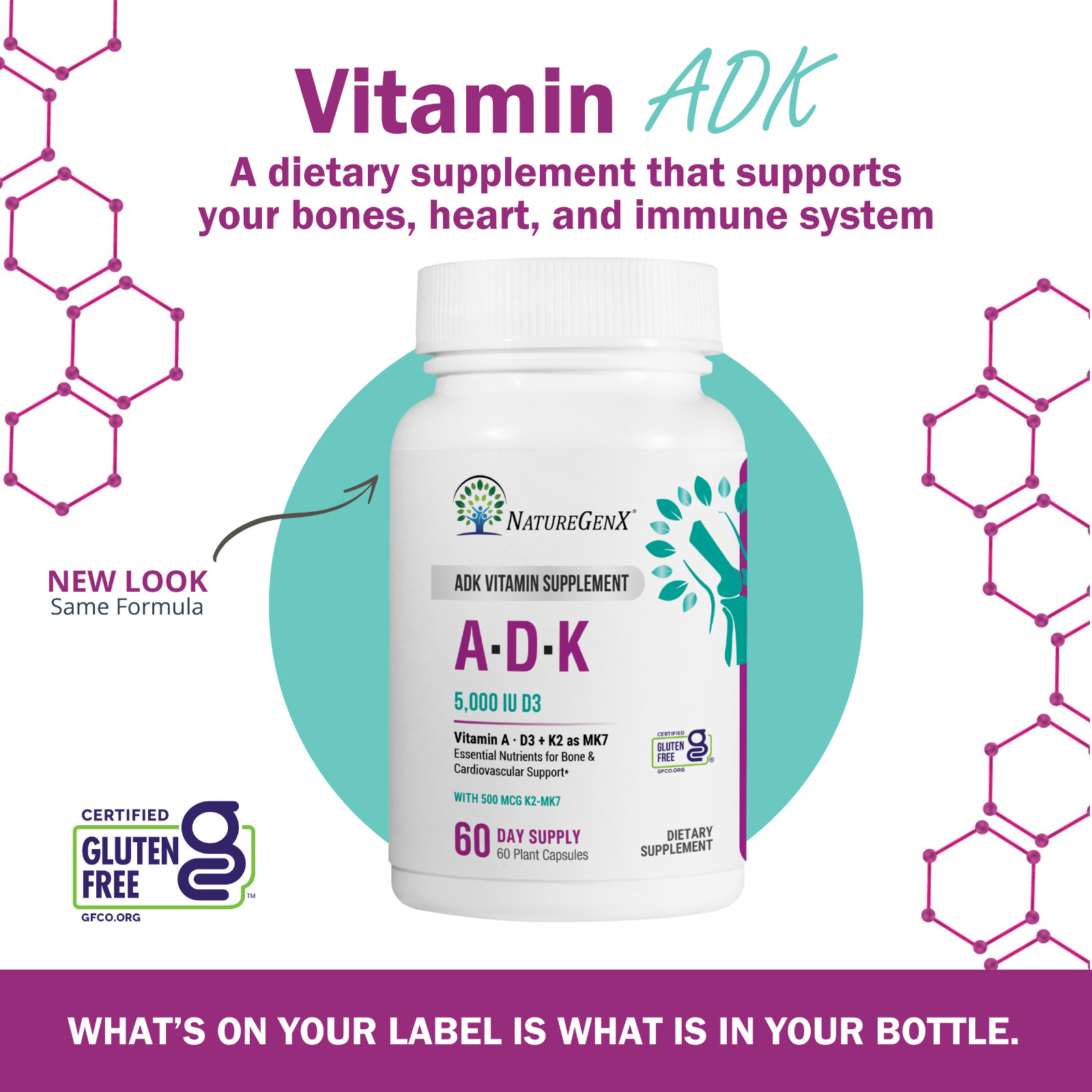 ADK Vitamin Supplement w/ Vitamins A, D3, K2 as MK7 for Bone Heart Immune Health