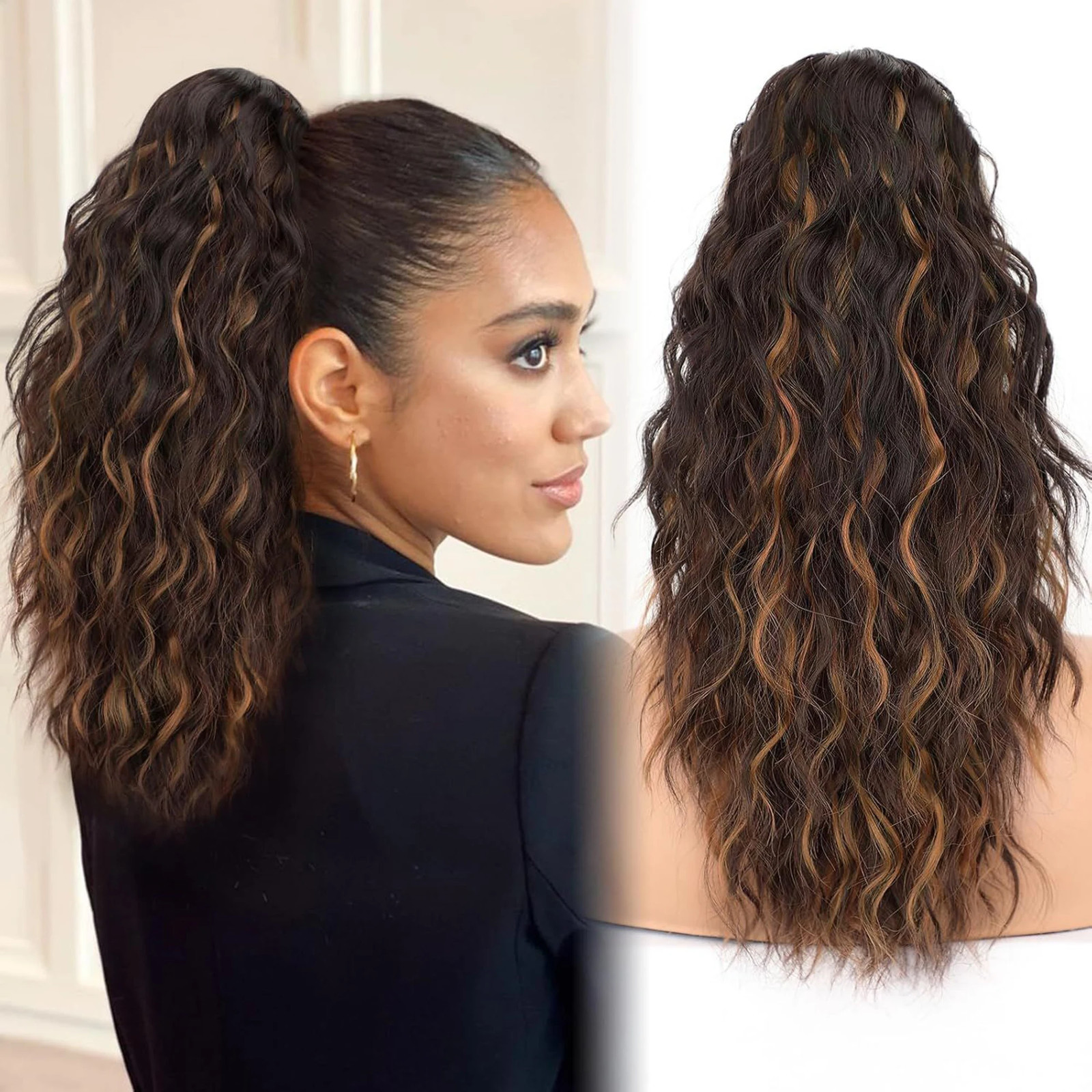 Black Brown Long Wavy Curly Synthetic Claw Clip In Ponytail Fake Hair Extension