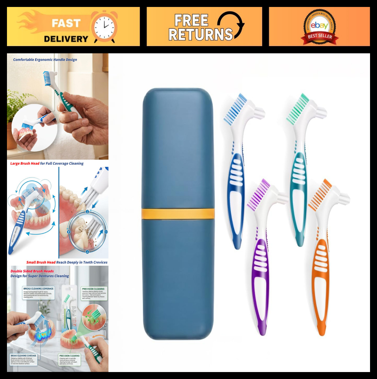 4Pcs Hard Double-Sided Denture Cleaning Brushes with Case for False Teeth Care