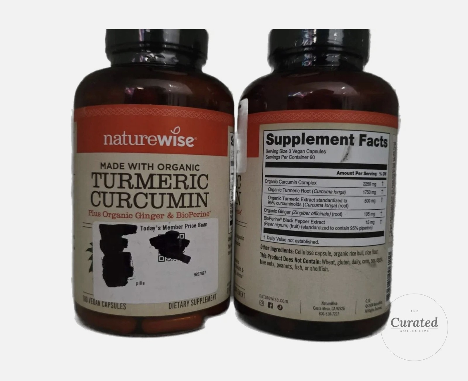 Naturewise Organic Turmeric Curcumin Ginger BioPerine 180 Vegan Caps Exp 02/28