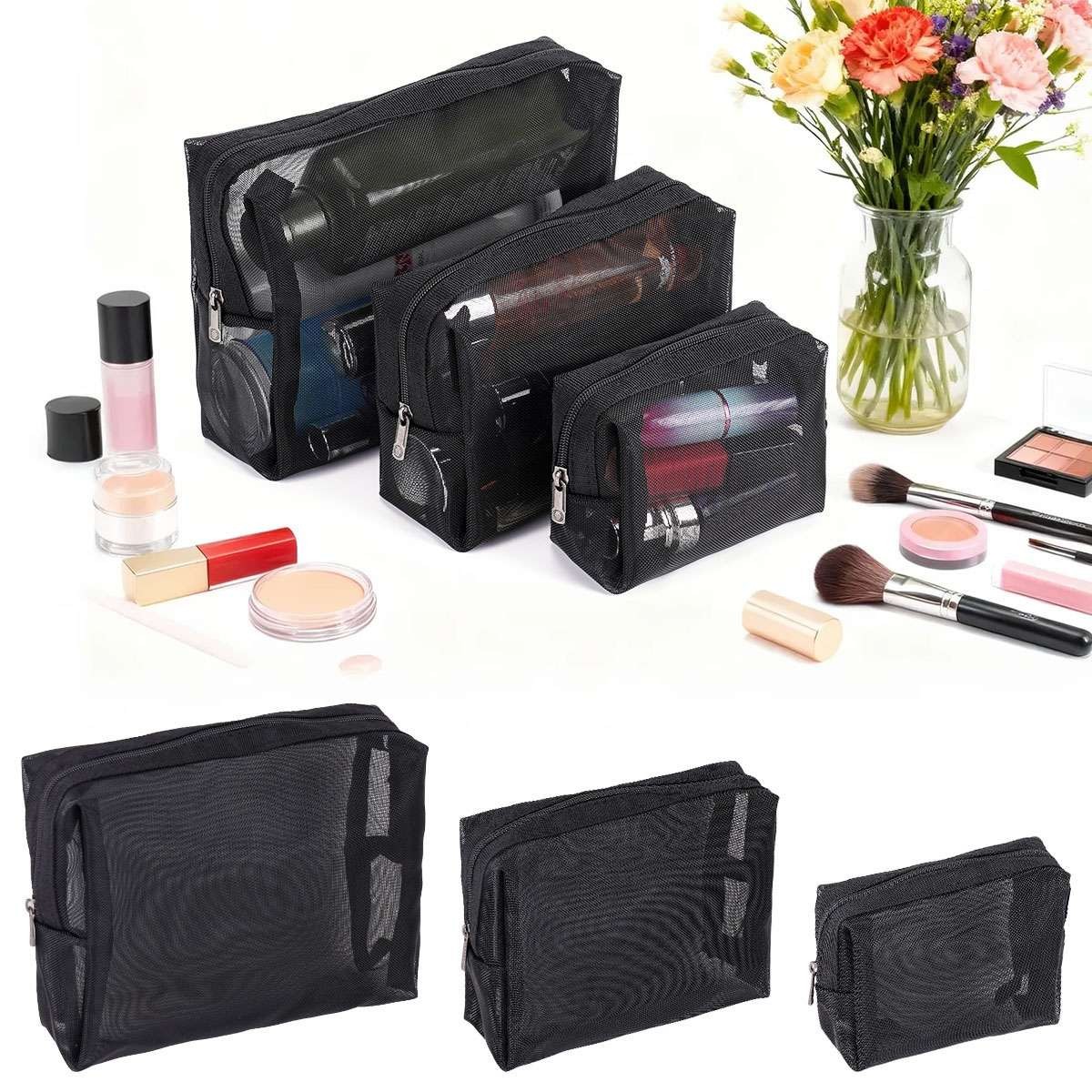 3×Cosmetic Bag Zipper Mesh Travel Black Toiletry Makeup Organizer Bag Case Pouch
