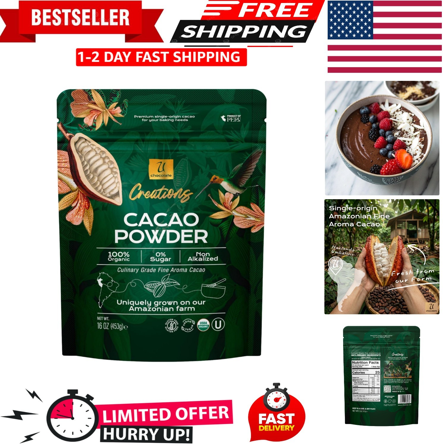 1 LB (16 OZ ) Organic Raw Cacao Powder 100% Pure, ALL NATURAL,ALWAYS FRESH