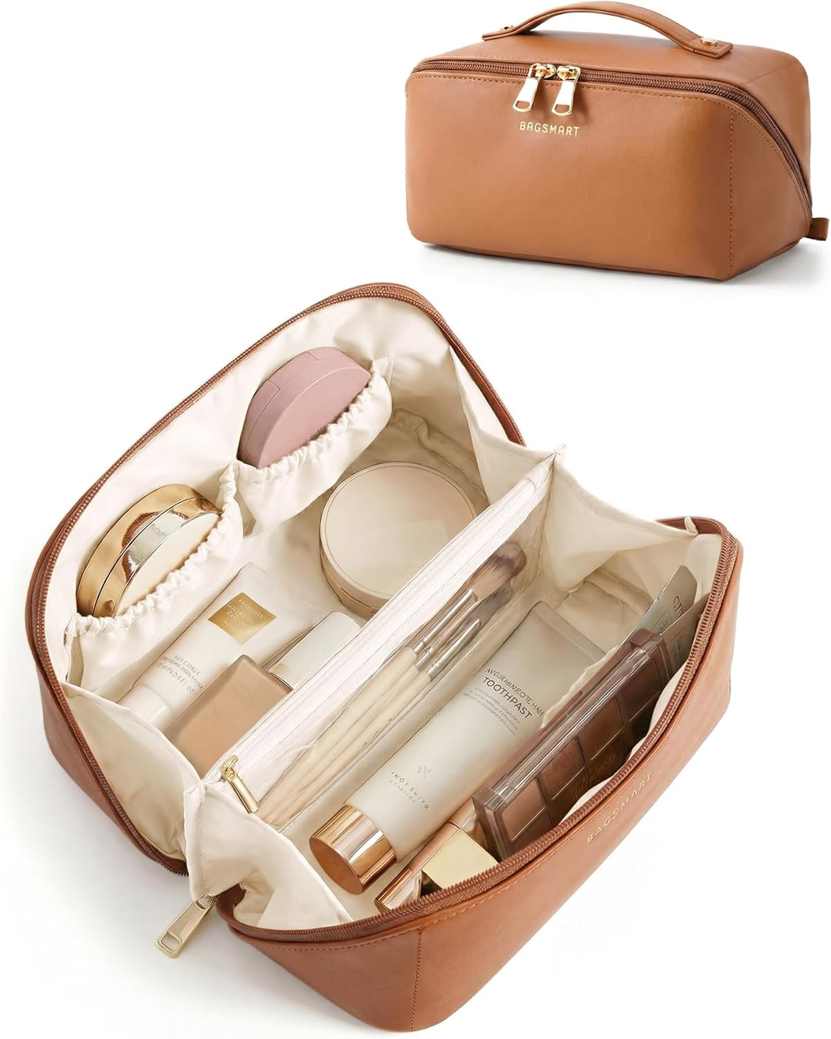 Large Travel Makeup Bag PU Leather Wide Open Cosmetic Organizer Case Brown
